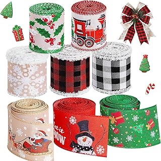 8 Rotoli Nastro Natalizio con Bordo Metallico Nastro di Natale con Fiocchi di Neve Nastro Metallico a Quadri Natalizi Nastro Decorativo a Plaid Bufalo in Tessuto, 32 Iarde in Totale