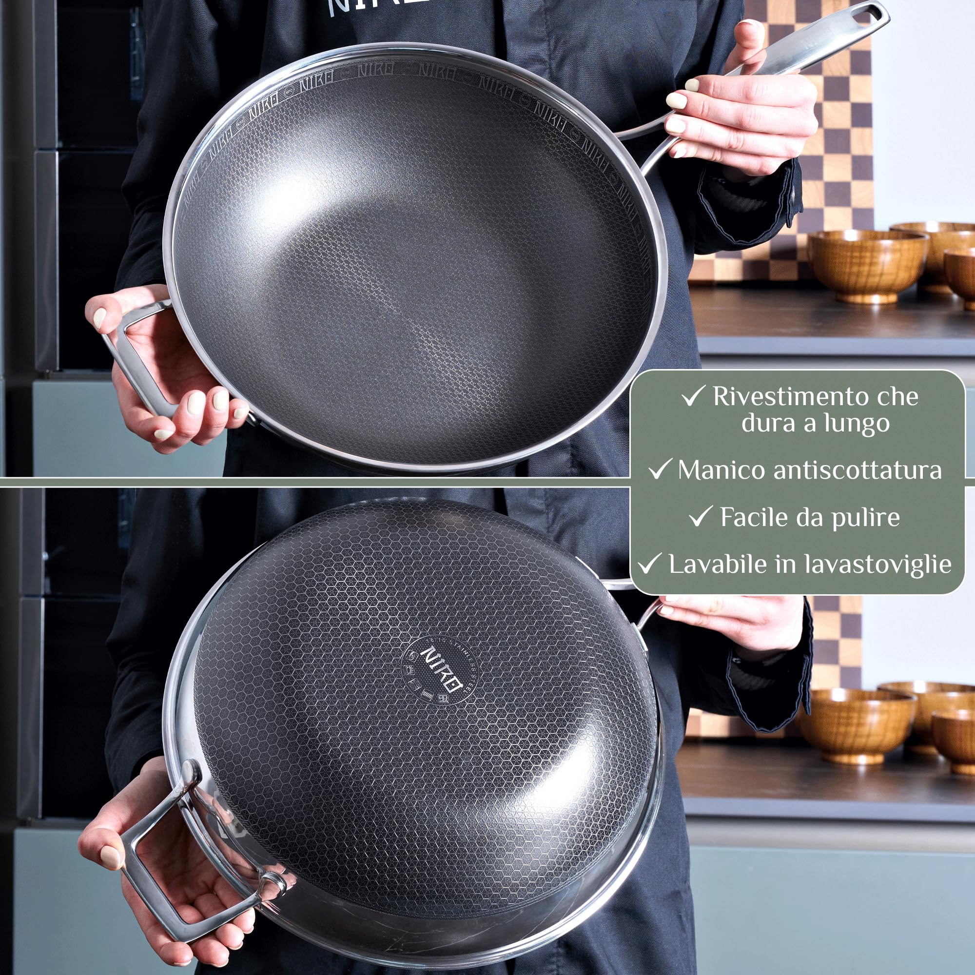 NIRO Wok Antiaderente Ø32 cm, Padella con Rivestimento Antigraffio, Triplo strato (Acciaio Inox e Alluminio), Per Piano Cottura Induzione, Ceramica, Elettrico, Gas e Forno, Manico Anti Scottatura