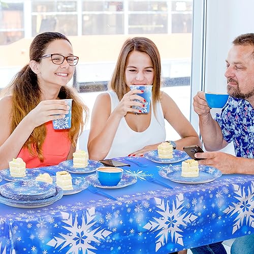 Miniatura 7 de durony 145 piezas de suministros de fiesta de cumpleaños de Frozen, vajilla desechable, platos de papel de copo de nieve de invierno, servilletas,