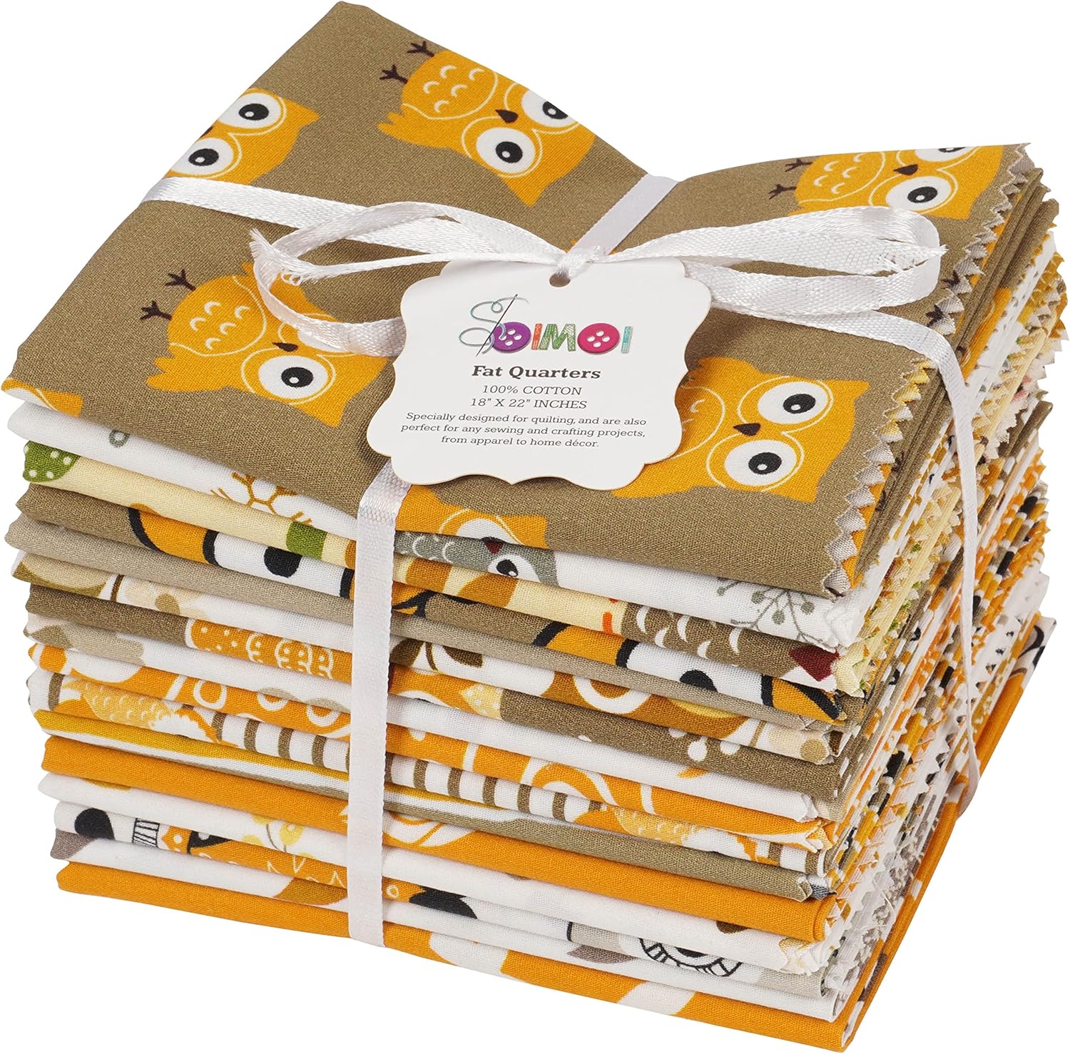 Soimoi 16 Pc Fat Quarter Bundle, Owl Print 18"x 22" DIY Patchwork- 100% Cotton Pre-Cut Quilting Fabric White&Yellow