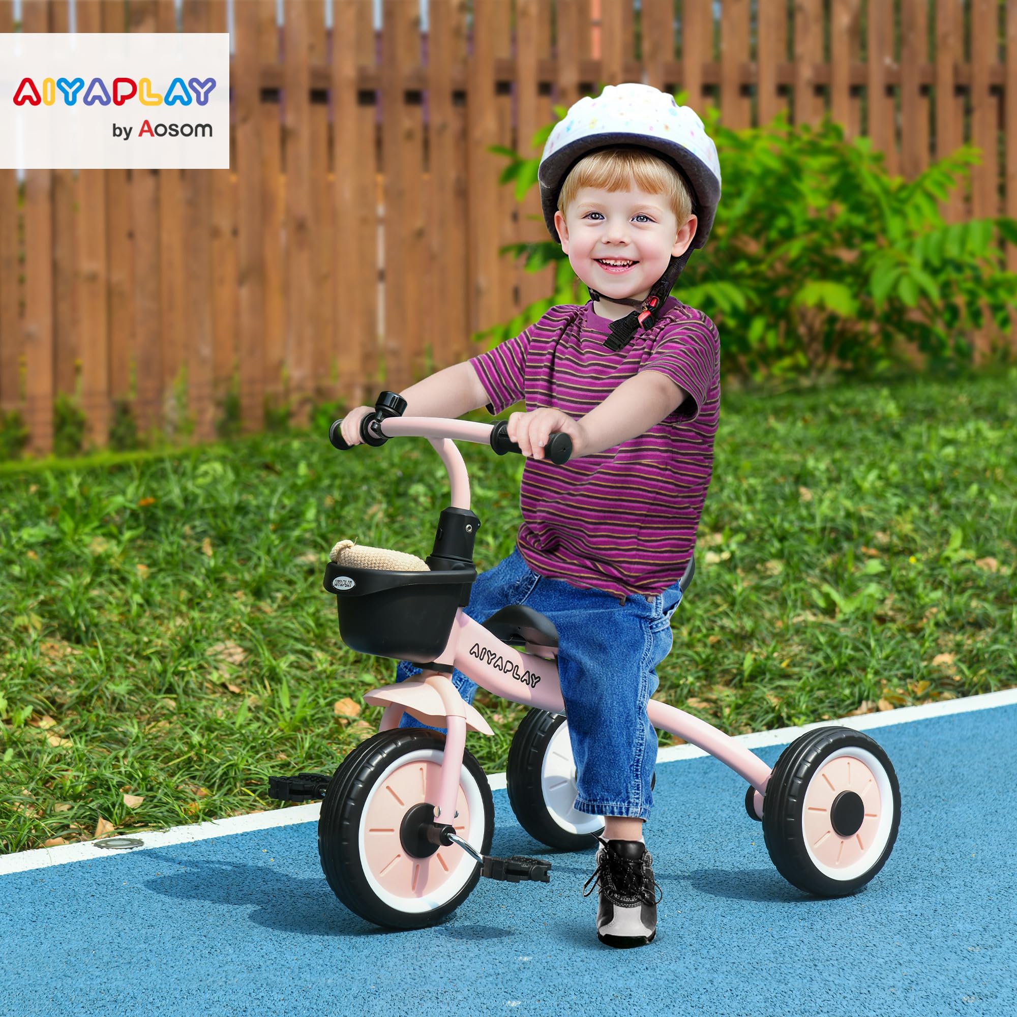 AIYAPLAY Triciclo para Niños de 2 a 5 Años Bicicleta Infantil con Asiento Ajustable Cesta Timbre Pedales y 3 Ruedas Carga 25 kg 70,5x53x58 cm Rosa