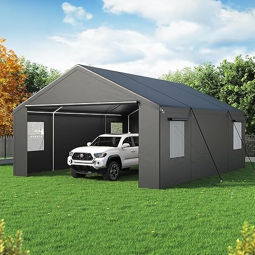 Polar Aurora Carport 20x20 FT, Heavy Duty Car Port Canopy, with 2 Side-Opening Door & Roll-Up Windows, Outdoor Portable Garage for Car, Truck, Boat, Motorcycle