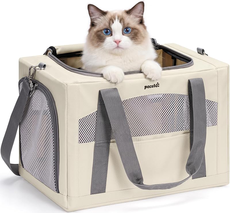 Bolsa de Transporte para Gatos Pecute com Divisória de Privacidade e Estrutura Estável Bege