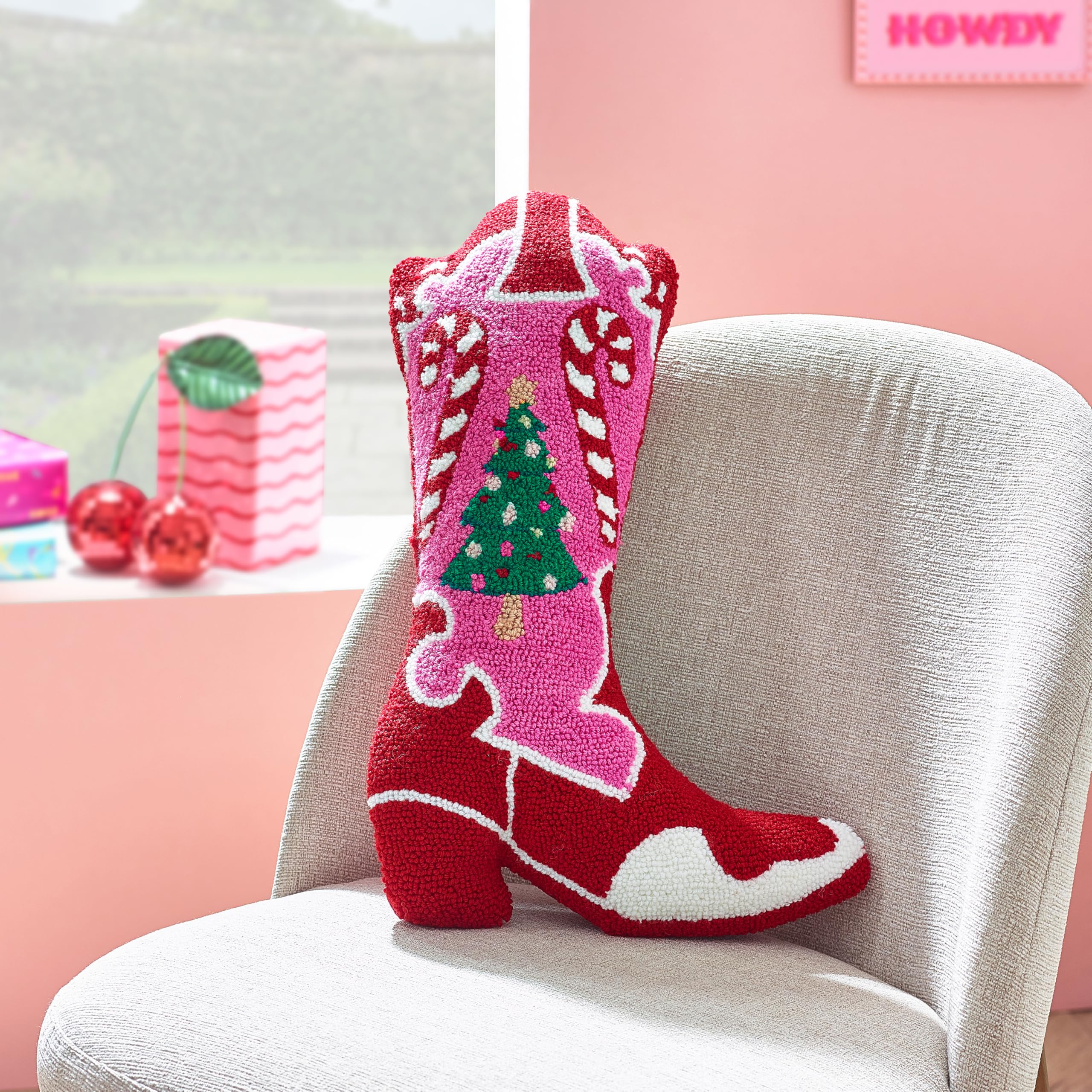 Catherine Lansfield Pink 'Santa's Howdy Christmas' Boot Boucle 3D Shaped Cushion In