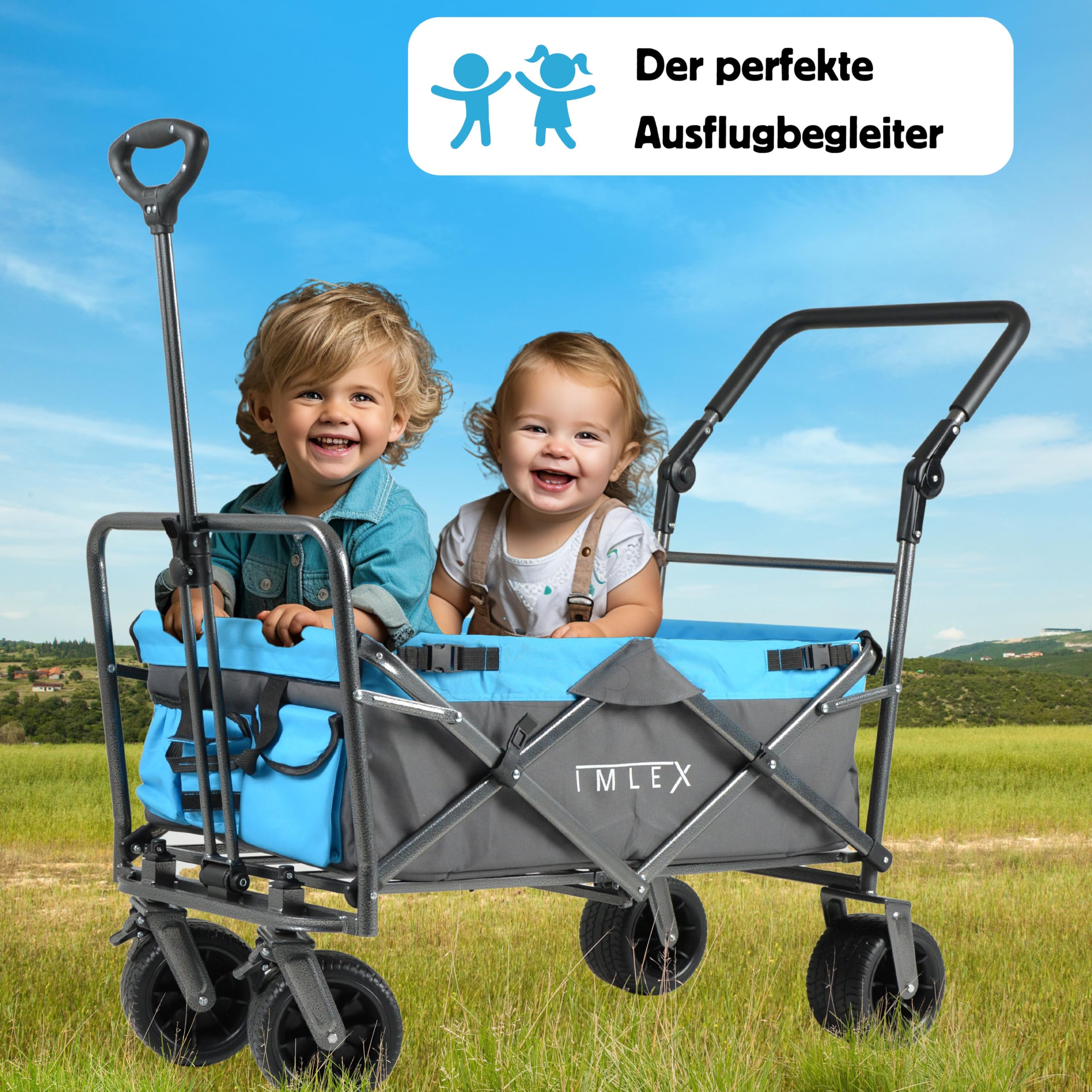 IMLEX Bollerwagen IM-4275 faltbar Azurblau Bollerwagen klappbar mit Schiebegriff Transportwagen mit 3-Punkt-Gurtsystem