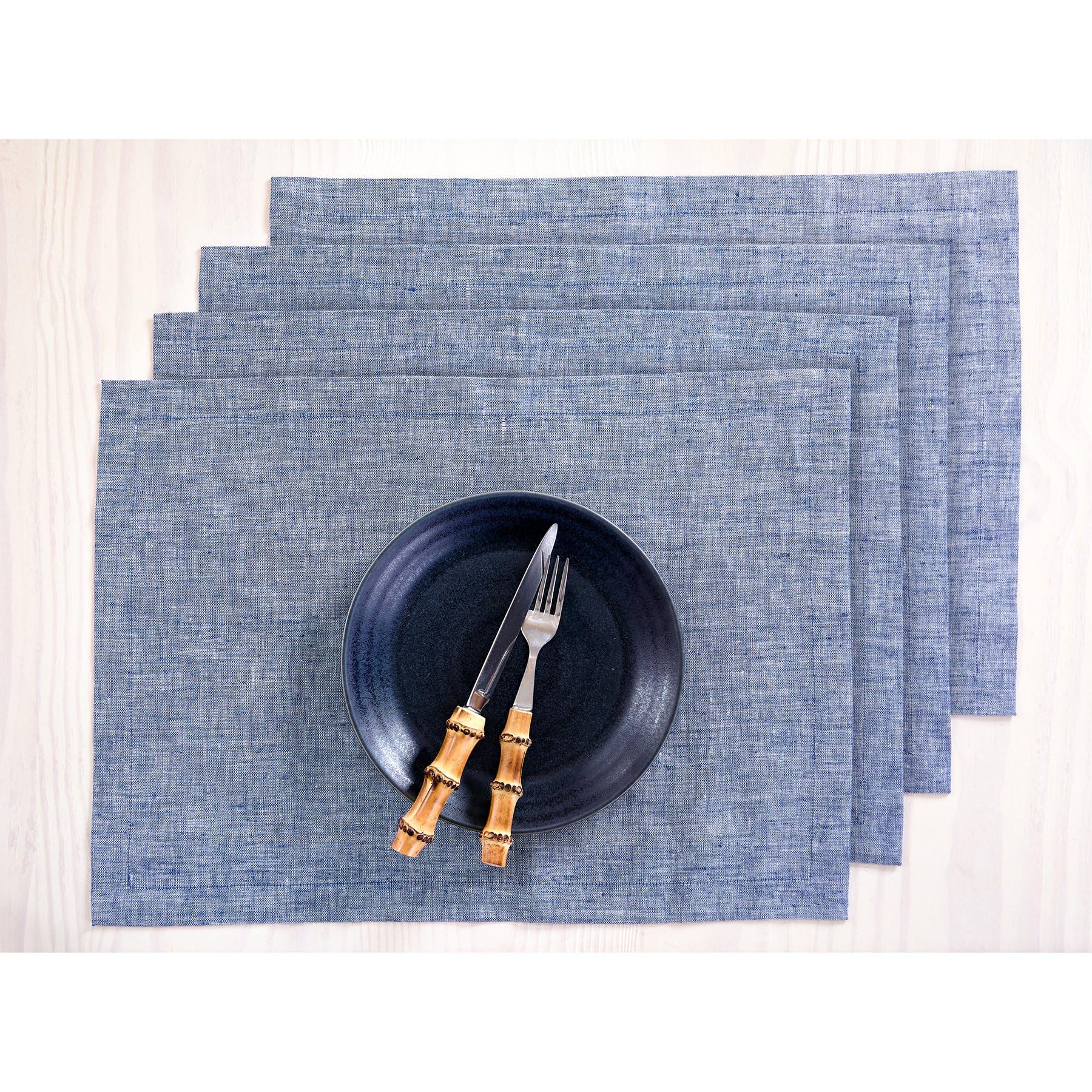 Solino Home Linen Placemats 19" L x 14" W Inch - 100% Pure Linen Chambray Indigo Cloth Placemats Set of 4 - Athena, Washable Fabric Place Mats for Spring, Easter