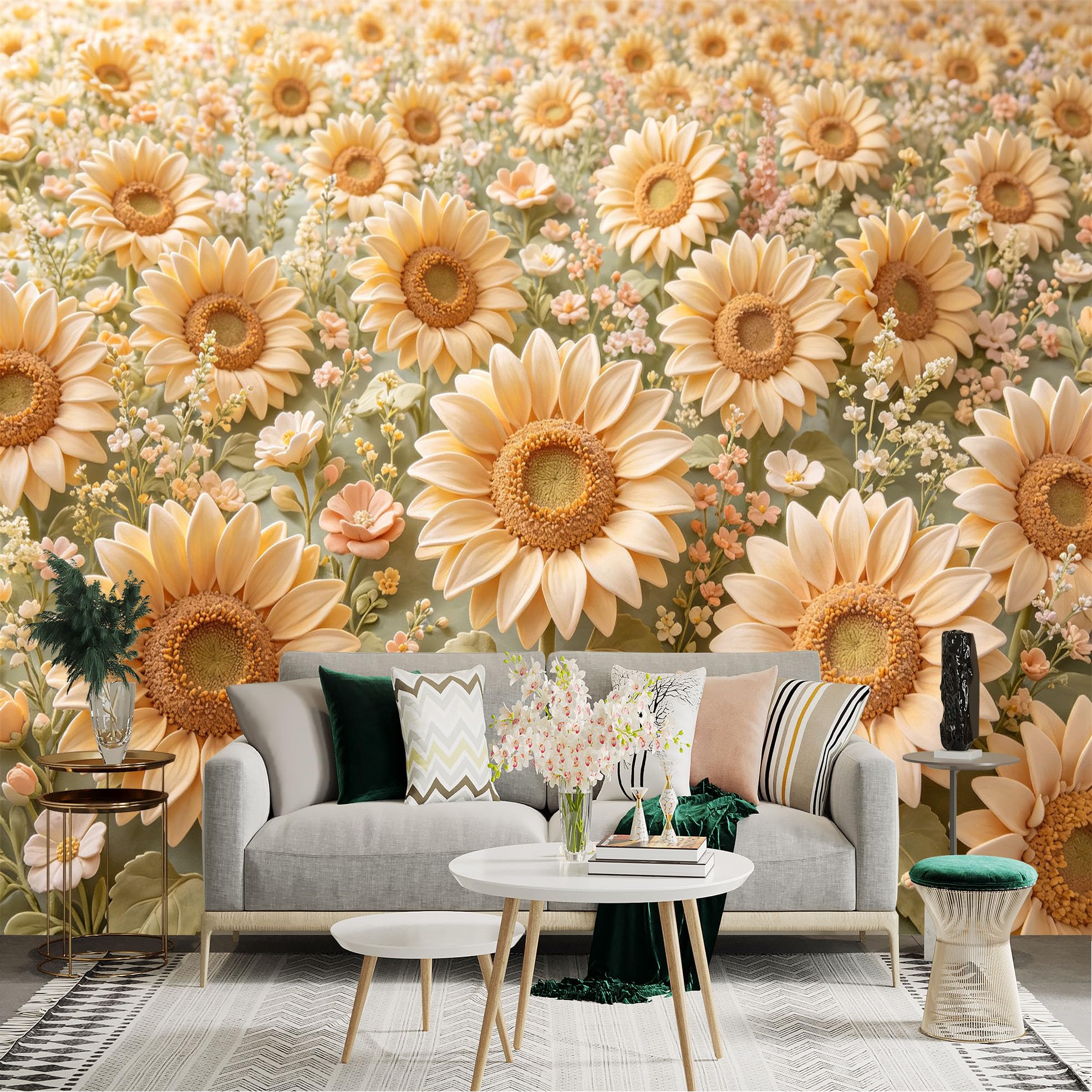 Lnzczhyre Dbh260521752 Custom Size Wall Sticker Mural， Warm Yellow Sunflower Field， Pastel Floral Botanical Pattern， Soft Blooming Petals， For Wall Decoration， Peelandstick Wall Decals.