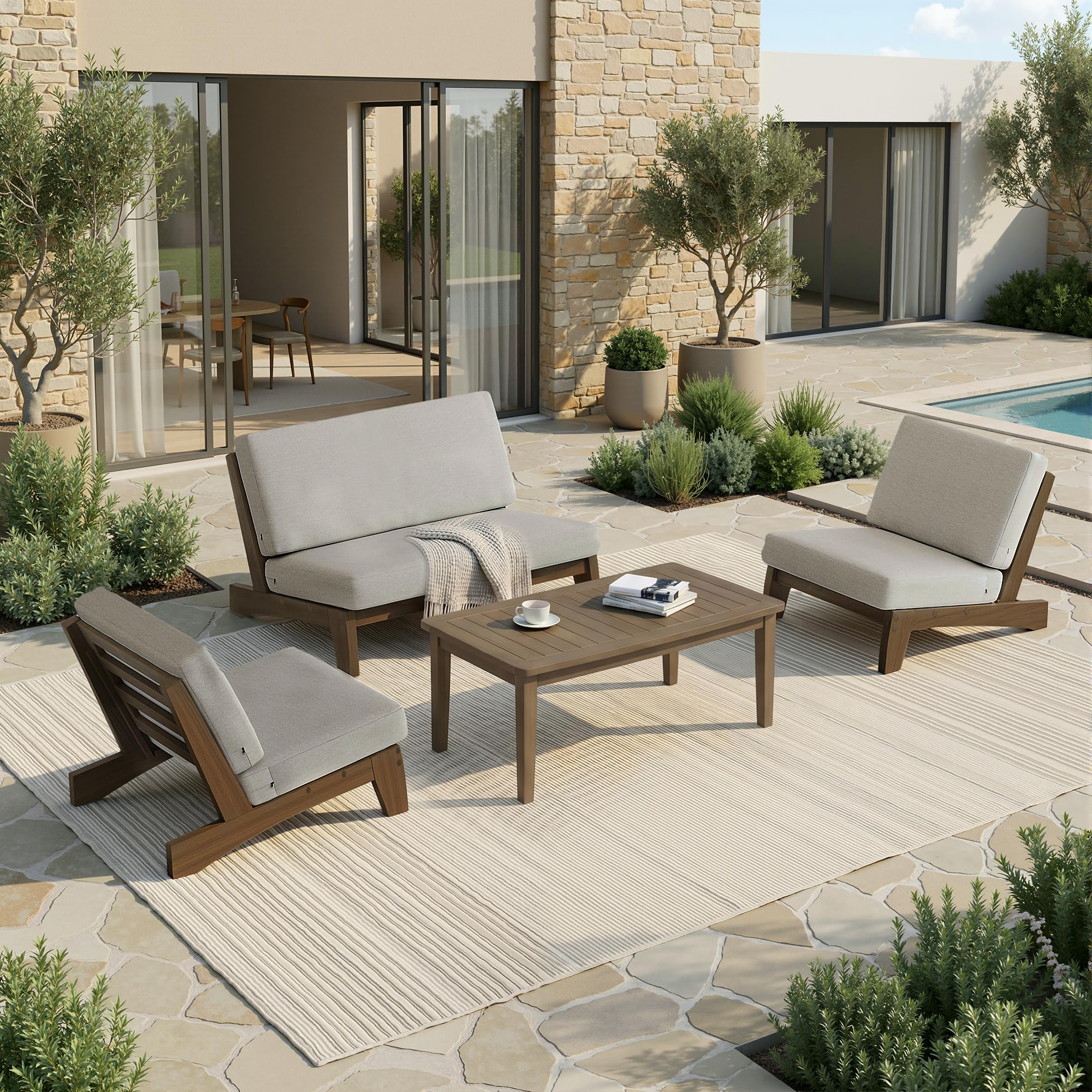 Pia Ricoo 4 Piece Patio Furniture Sets, Outdoor Furniture with 2 Chairs &amp; Coffee Table, Patio Conversation Set for Backyard, Deck, Lawn, Light Camel