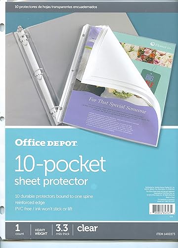 Office Depot Pesado, 3.3 mils, protector de hojas de 10 bolsillos, 8.5 x 11 pulgadas, transparente