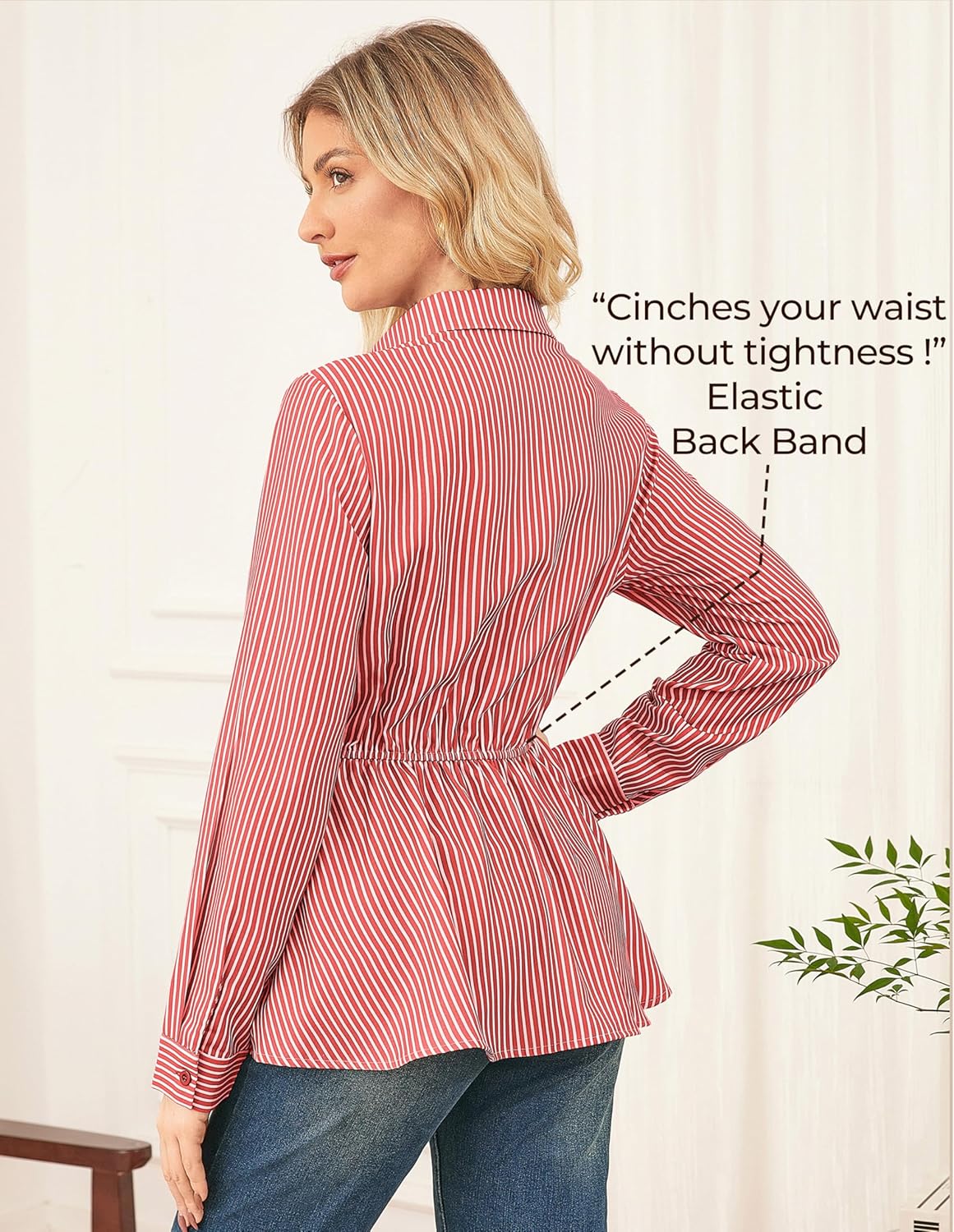 GRACE KARIN Peplum Tops for Women Tie Front Striped Button Down Shirt Collared Long Sleeve Business Casual Work Office Blouse - Image 6