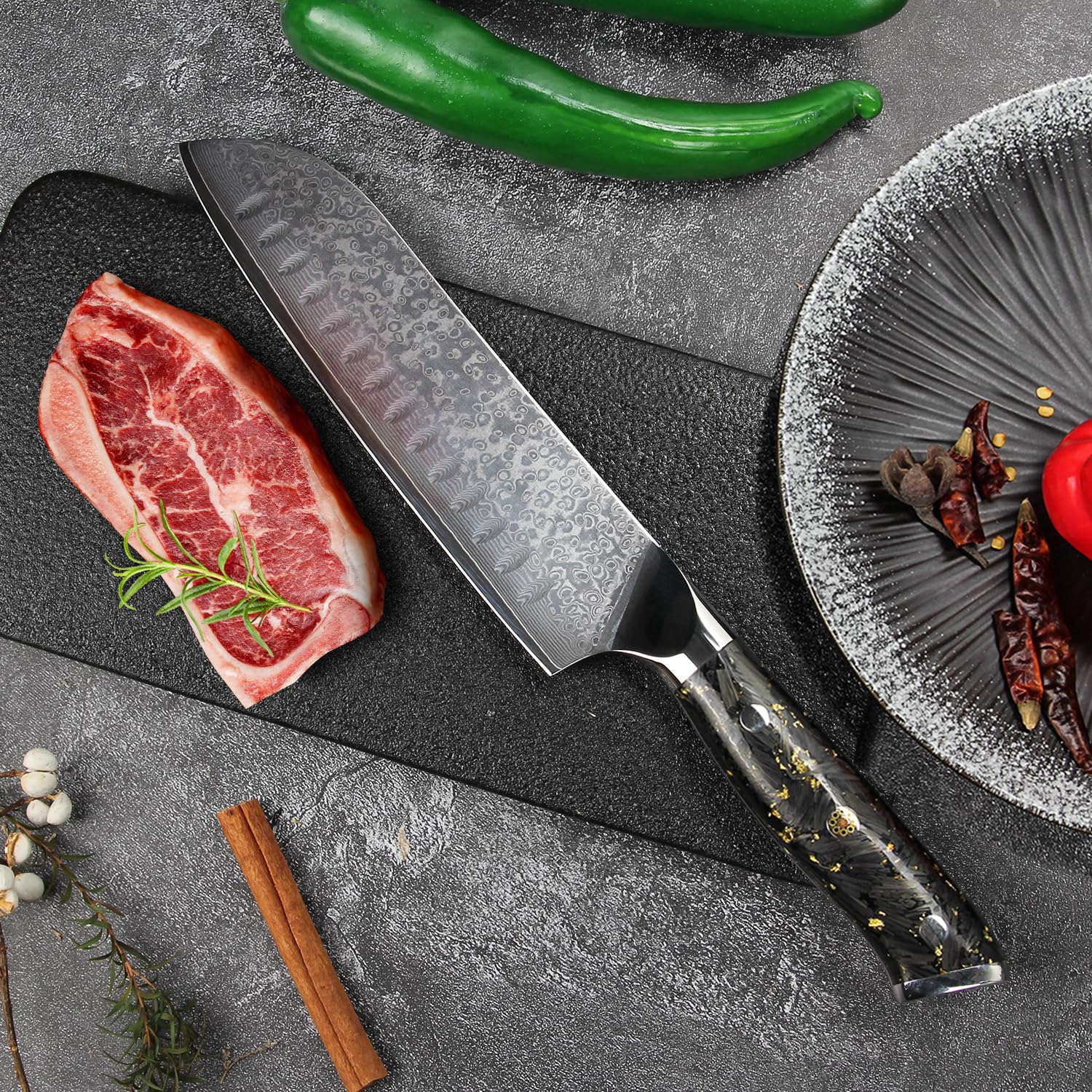 Damascato Coltello da Santoku, Coltello Damasco in 67 Strati di Acciaio Damascato VG-10, Coltello da Cucina Professionale 17.8 cm Lunghezza Lama Extra Affilata, Manico Ergonomico in Resina