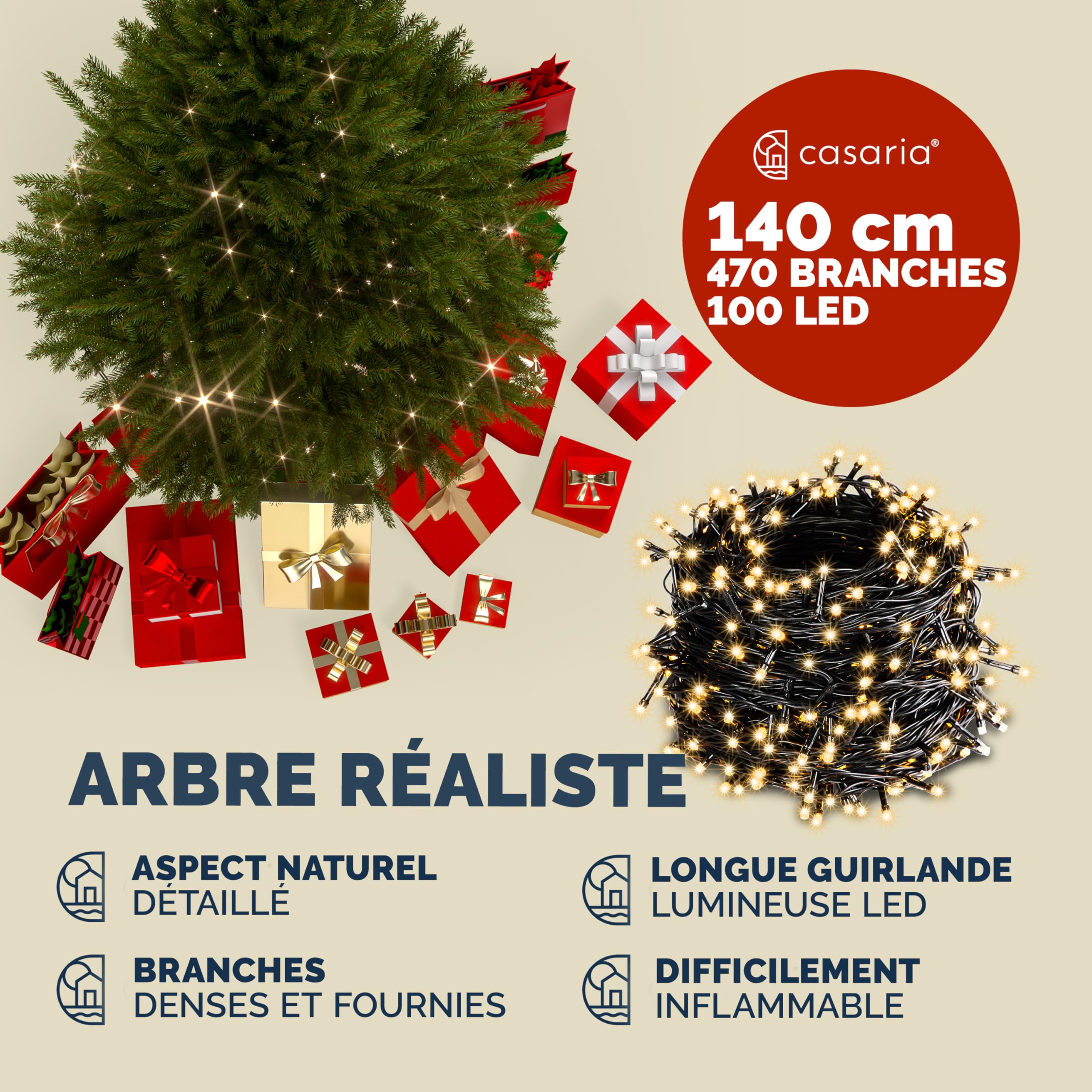 CASARIA® Sapin de Noël Artificiel 140 cm Vert Guirlande Lumineuse LED Arbre Imitation Parfaite PE 470 Branches Pied métal décoration réutilisable