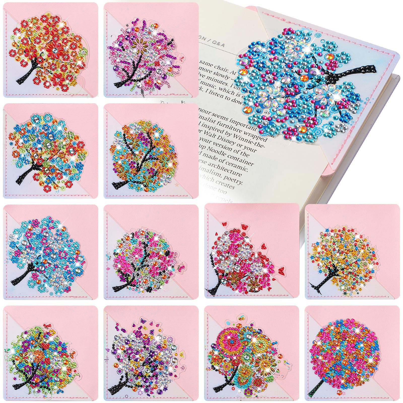 Ireer 12 Pcs 5D Diamond Painting Corner Bookmark Rhinestone PU Leather Diamond Painting Bookmark Triangle Diamond Art Bookmarks for Home Office