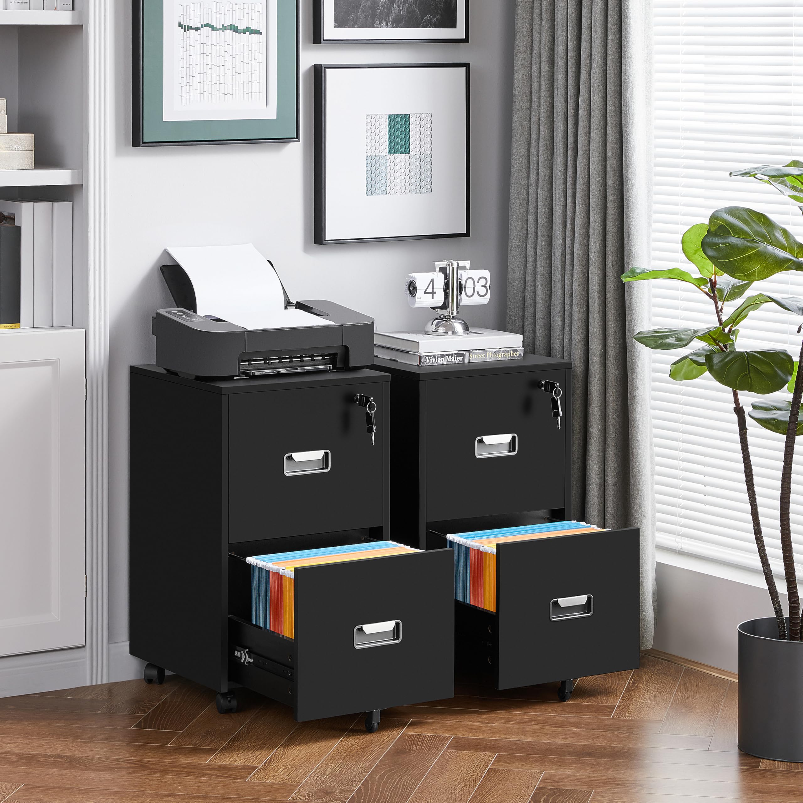 Yaheetech Schedario Portadocumenti con Serratura 2 Cassetti | Mobiletto da Ufficio Rimovibile con Ruote Fissabili Cassettiera per Documenti in Formato A4 Soggiorno Studio 40X40X65cm Nero