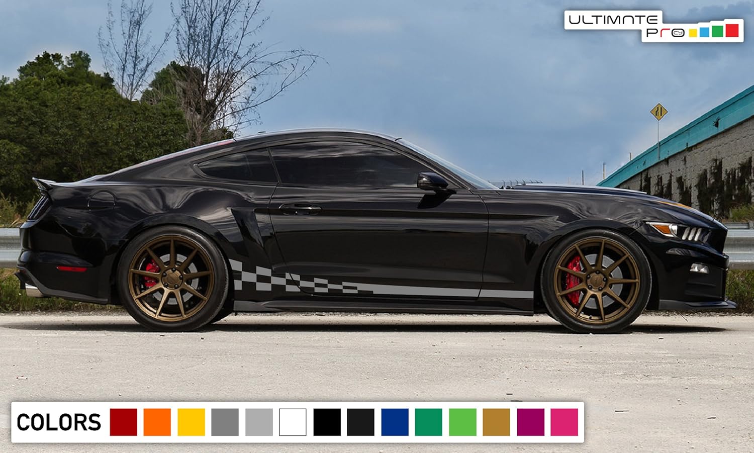 Decal Sticker Vinyl Side Wavy Finishing Stripe Kit Compatible with Ford Mustang (2005-Present) (Gray)