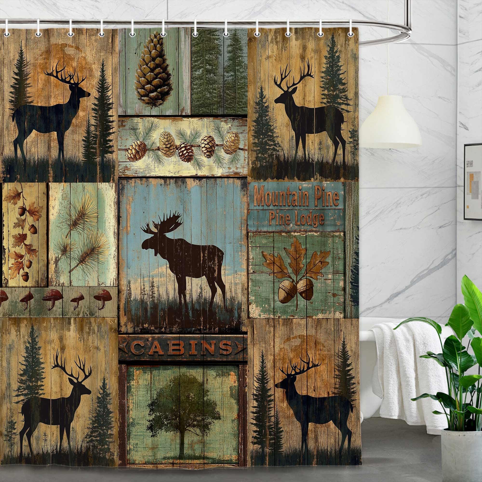 Rustikaler Duschvorhang im Hüttenstil fürs Badezimmer, Vintage-Landhaus-Antik-Bär-Elch-Wald-Holzdekor-Badezimmervorhang mit Haken 240x180cm/BxH