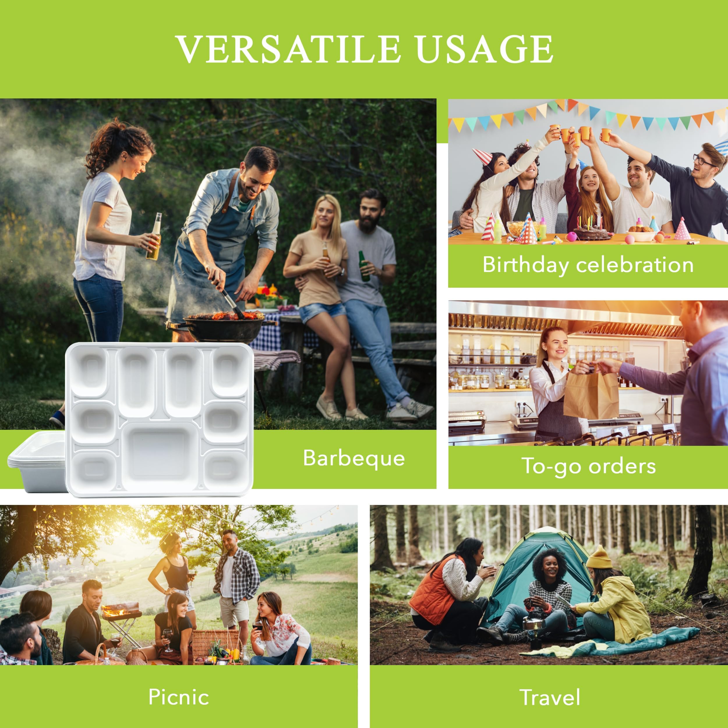 Three Leaf Piastre rettangolari in bagassa a 9 scomparti, 200 ct, resistenti, naturali, ecologiche, 100% biodegradabili, 9 scomparti