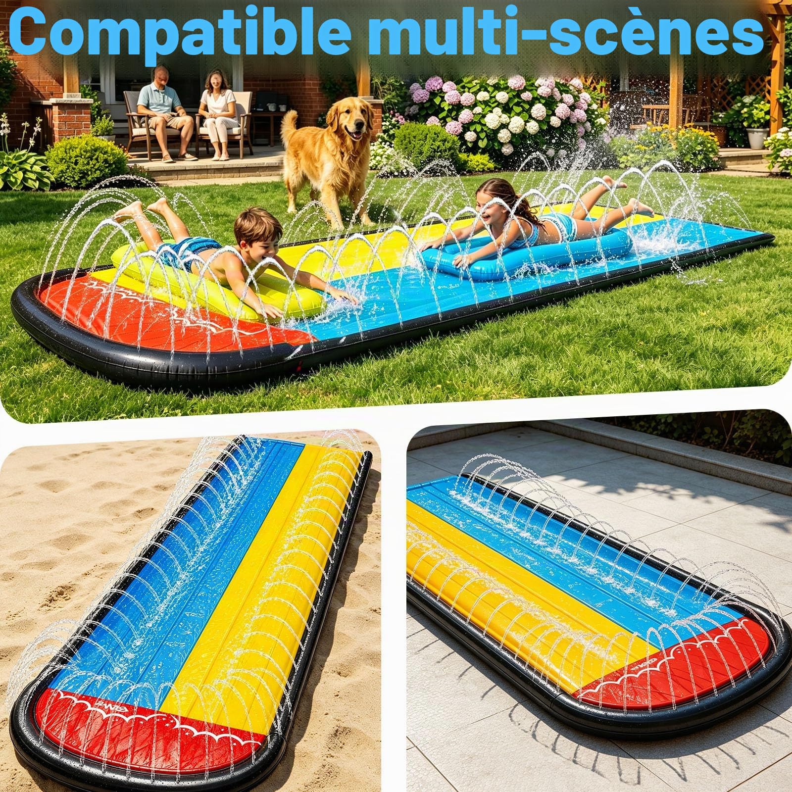 Jeux Piscine, Piscine Enfant, 2 Bodyboards, Aquaplay, Toboggan Gonflable, Ventre Glisse, Tapis Glisse Eau, Jouets d'été, Jouets Aquatiques d'extérieur, été (Jaune-Bleu 3, 468 cm)