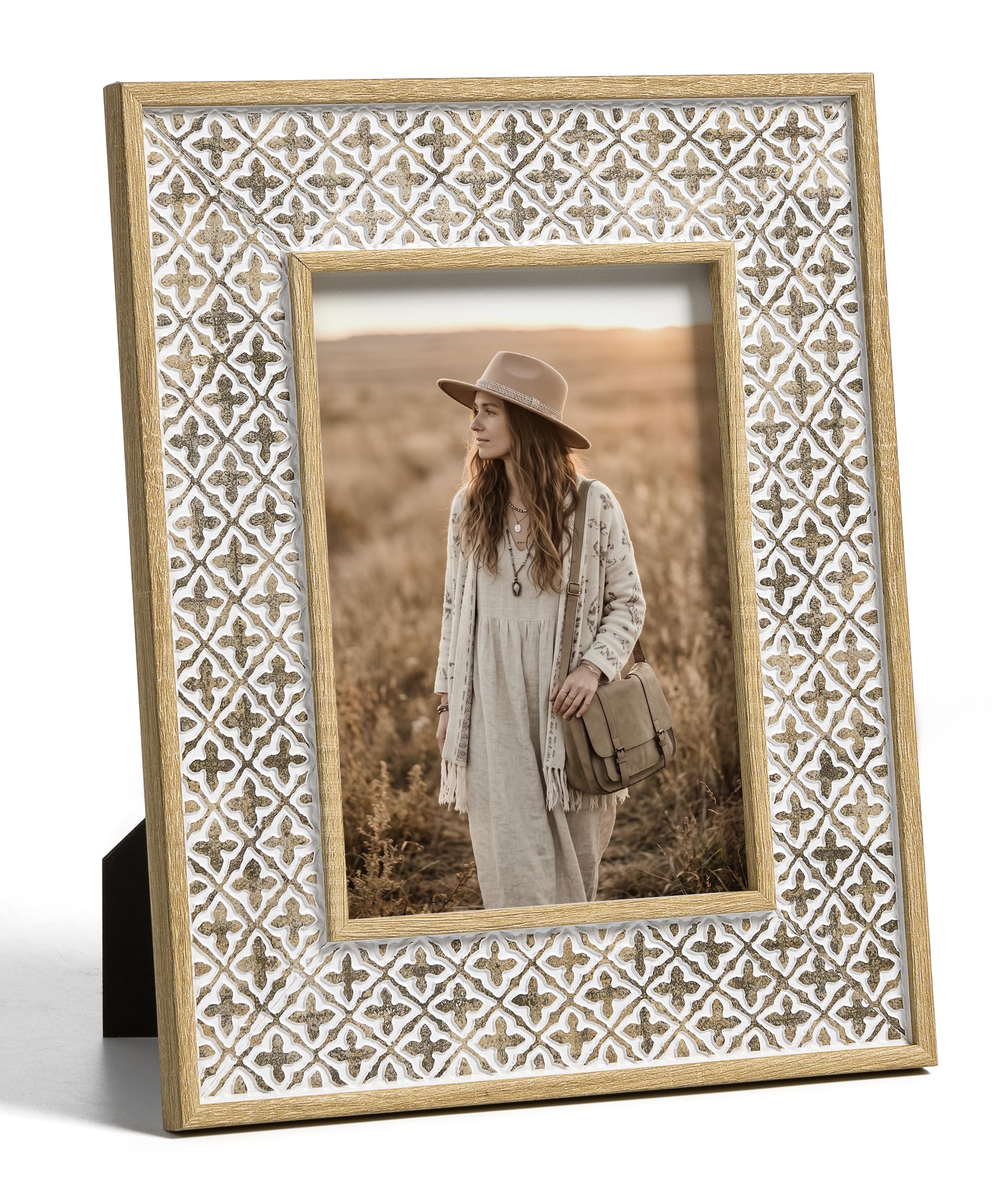 Afuly 5x7 Picture Frame Boho Picture Frames 3D Cross Pattern Distressed Moroccan Photo Frame Wall Desk Bohemia Home Office Decor Wedding Birthday Gifts for Mom Woman Grandma
