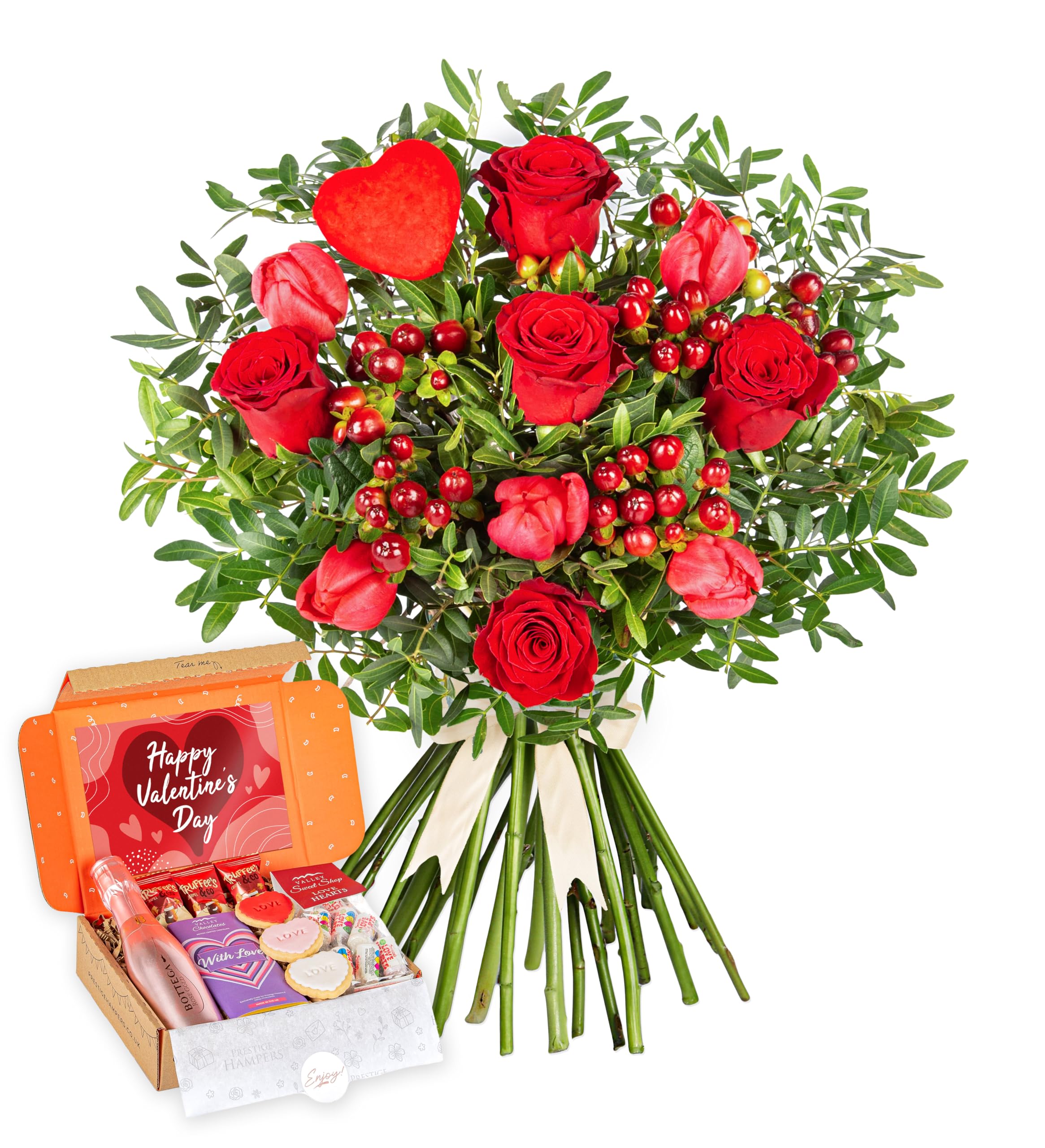J'adore - Fresh Flowers - Red roses, vibrant tulips, and red berries set against a backdrop of lush forest greens - Valentines Flowers - Gifts for Her - Valentines Bouquet (+Valentines Postal)