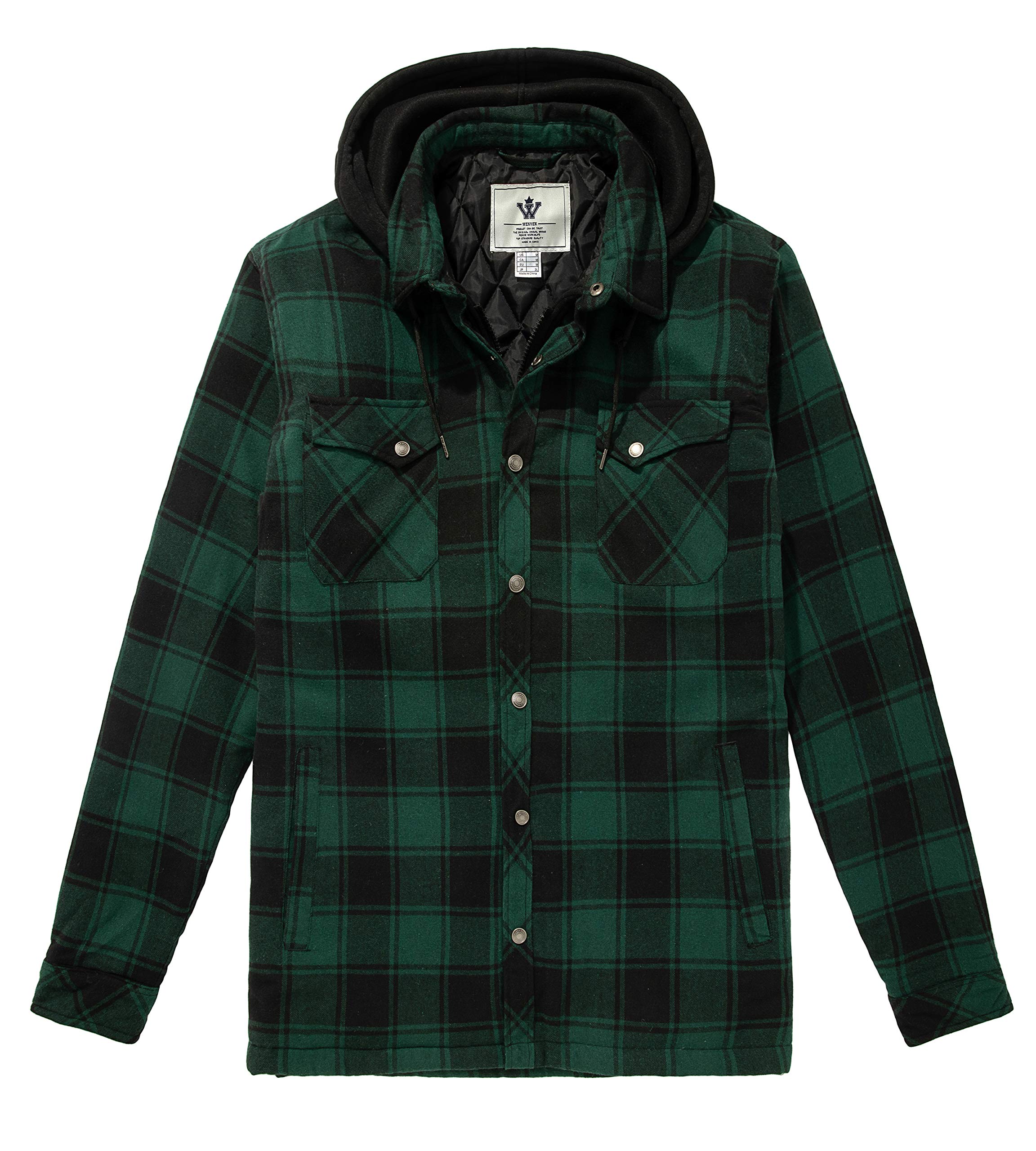 WenVen Men's Thicken Plaid Flannel Quilted Shirts Jacket with Removable Hood