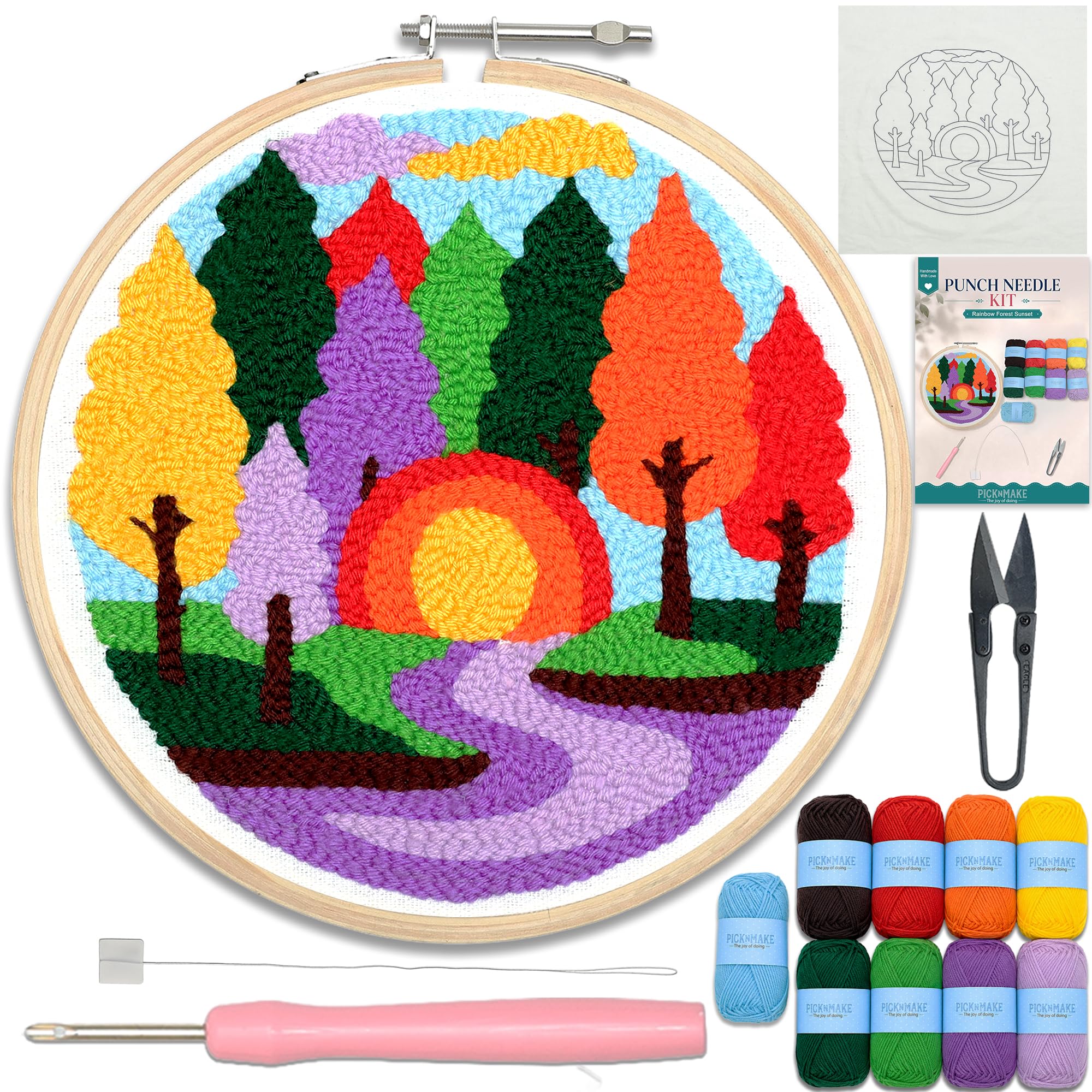 picknMAKE Rainbow Forest Sunset Punch Needle Kit for Beginners | DIY Punch Needle Embroidery Kit with 8 Inch Wooden Hoop, Pre-Printed Fabric, 9 Wool Yarn Colours | Craft Kit for Adults & Gift-image-30