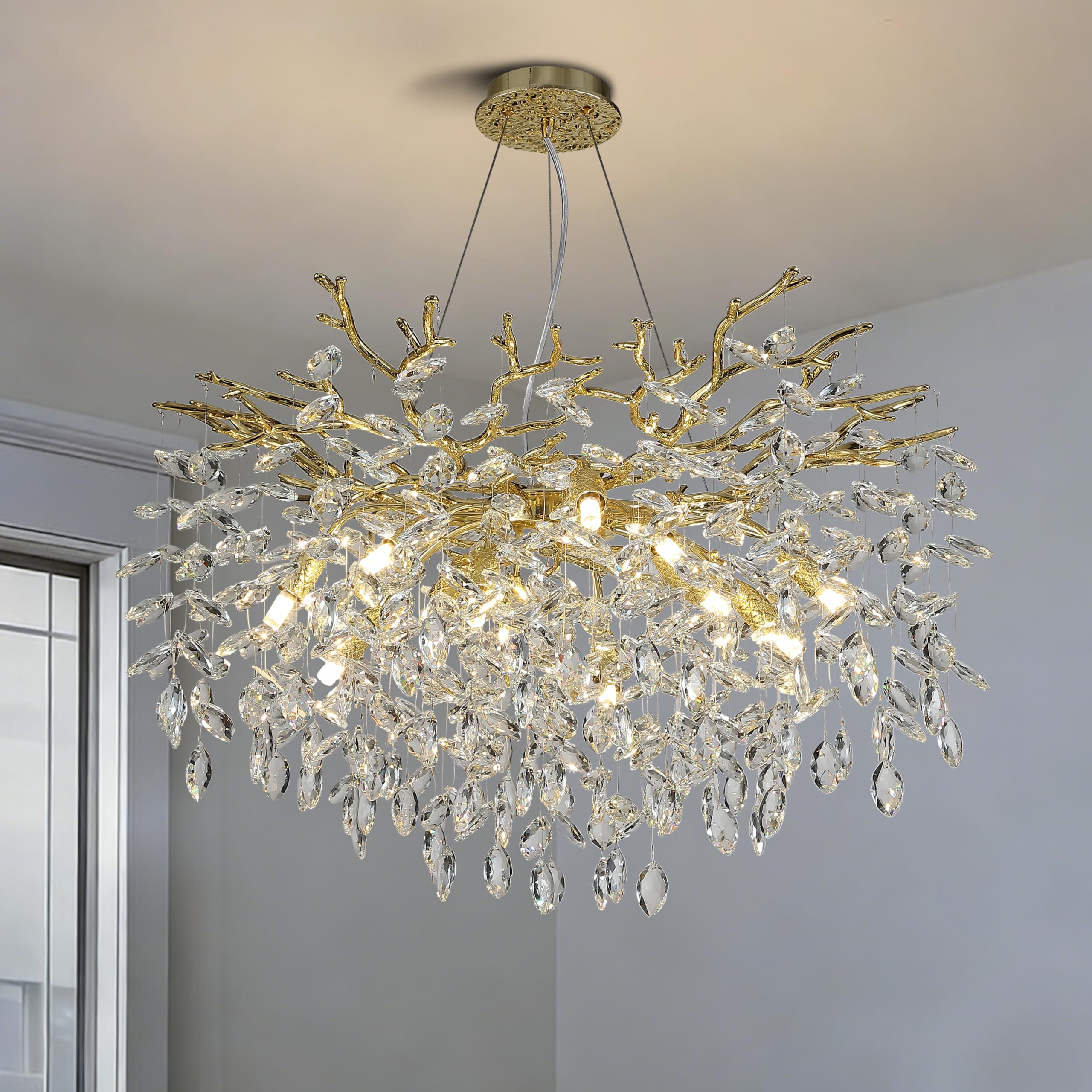 Photo 1 of ***MISSING HARDWARE*** KVTOEP Modern Crystal Tree Branches Chandelier, 30in Gold 10 Lights Large Ceiling Hanging Light for Dining Room, Round Raindrop Pendant Light Fixture