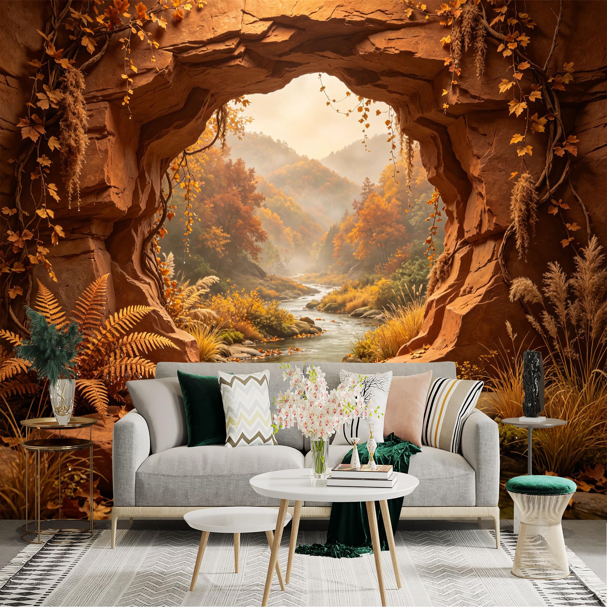 Custom Size Wall Sticker Mural， Autumn Forest River with Rocky Arch and Golden Foliage， for wall Decoration， peelandstick wall Decals.