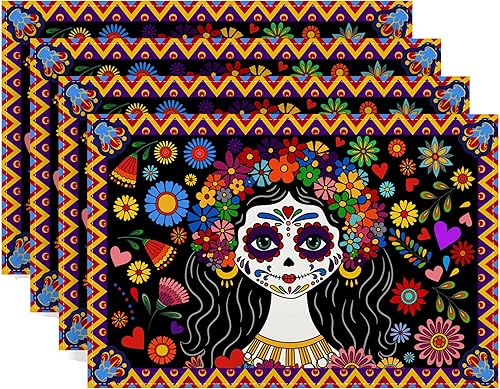 Juego de 4 manteles individuales de lino del Día de los Muertos Dia De Los Muertos, manteles individuales de altar mexicano de muertos, decoración y