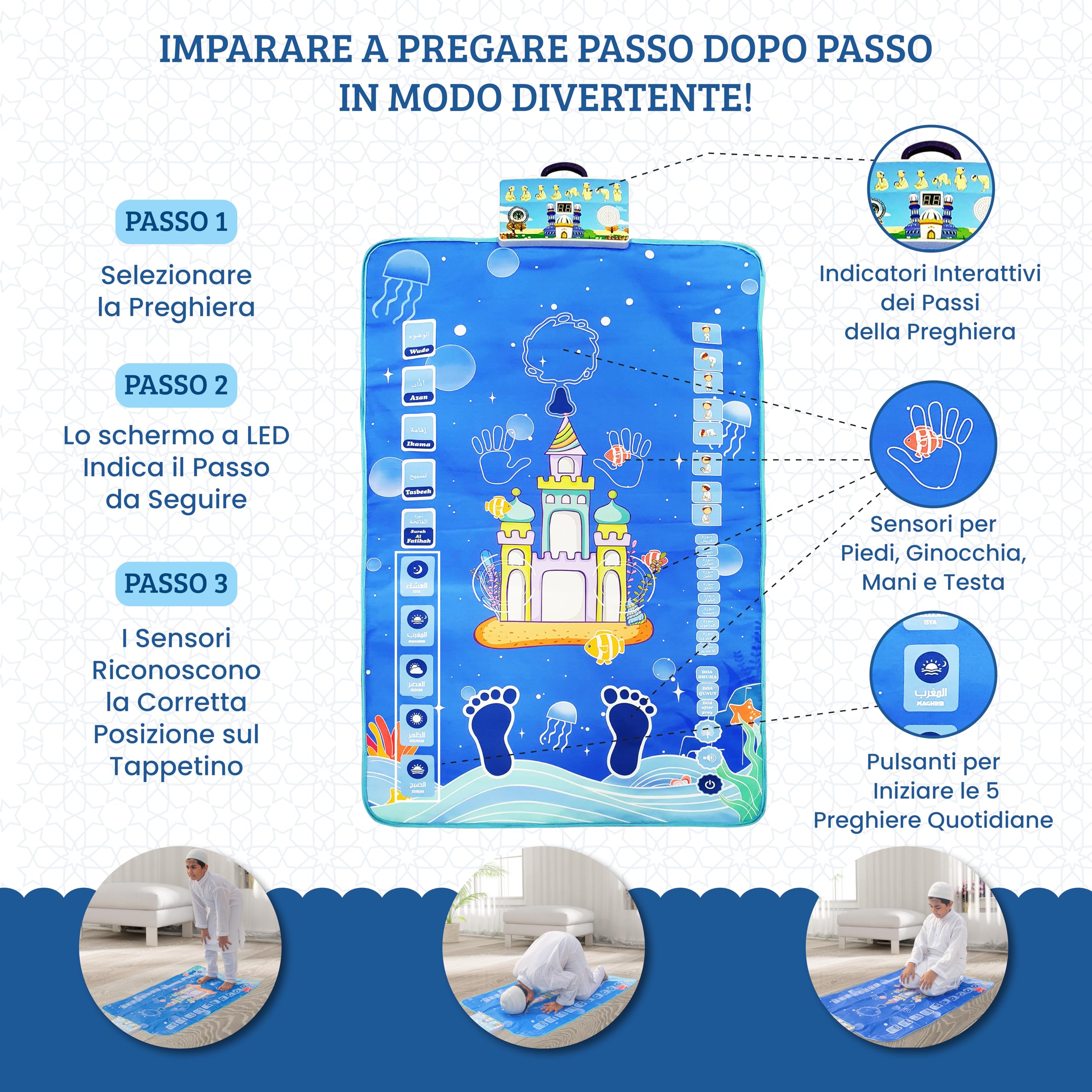 Tappeto da Preghiera Islamico Elettronico per Bambini – Tappeto per Preghiera Musulmana – Imparare a Pregare in Modo Divertente – Con Recitazione di Sura del Corano e Doua – Rosario per Tasbih Incluso