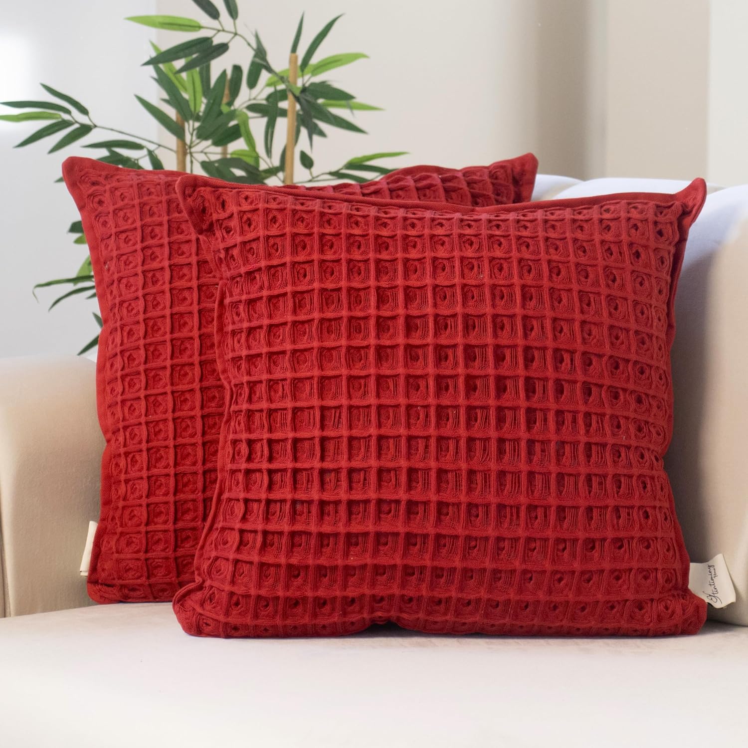 Spring Throw Pillow Covers Waffle Weave for Couch, Living Room Pillows Pack of 2 Decorative Throw Pillow Covers, Pillows for Sofa (Red, 18 X 18 inches)