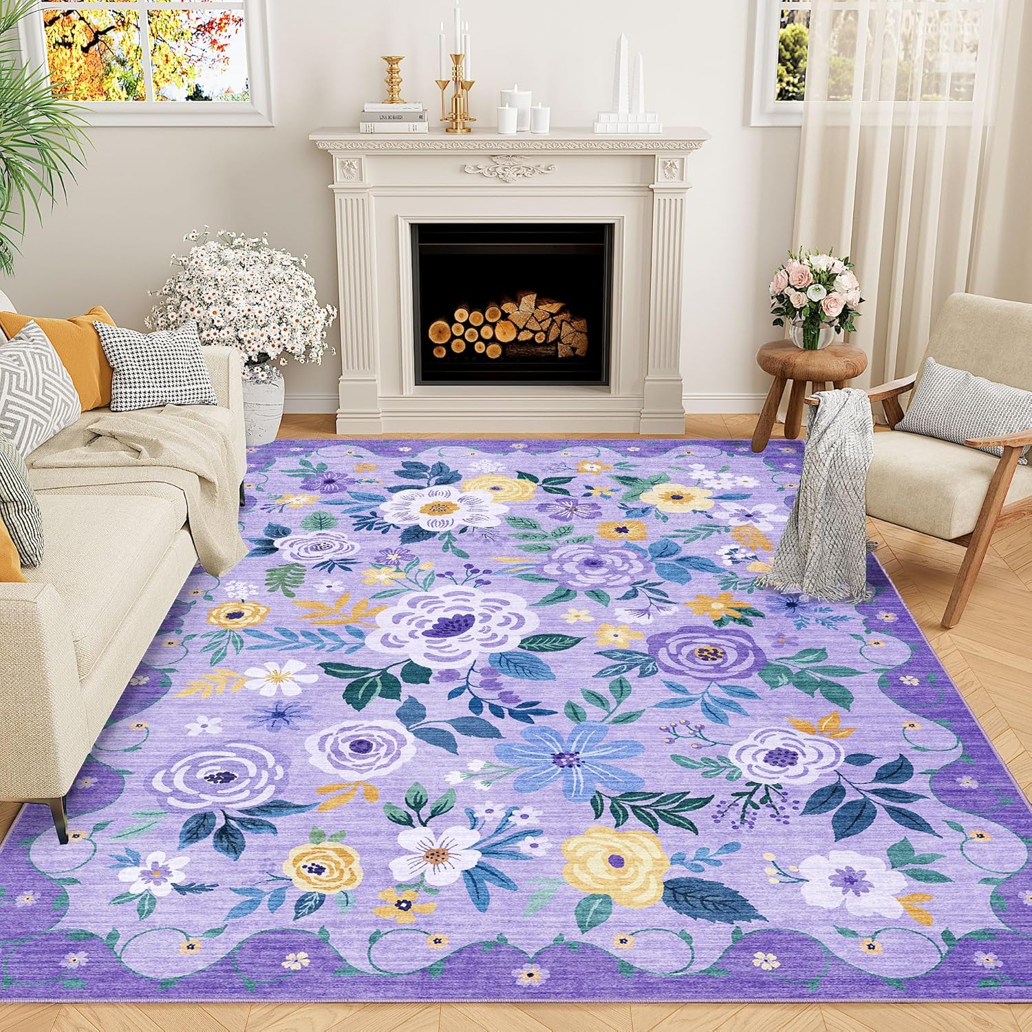 (Similar item). DUKINO 5x7 Area Rug, Floral Rugs for Living Room, Lightweight Non Slip Washable Rug, Indoor Low Pile & Non-Shedding Boho Design Rugs for Bedroom, Playroom, Dining Room, Purple Purple 5' x 7' (Rectangular)