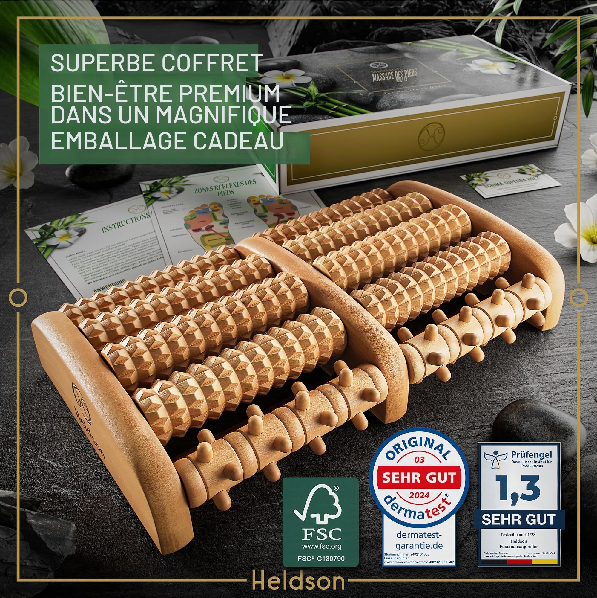 HELDSON® Rouleau de Massage en Bois • Appareil de Massage des Pieds • Drainage Lymphatique & Solution de Relaxation Manuel • Thérapie Reflexologie Plantaire