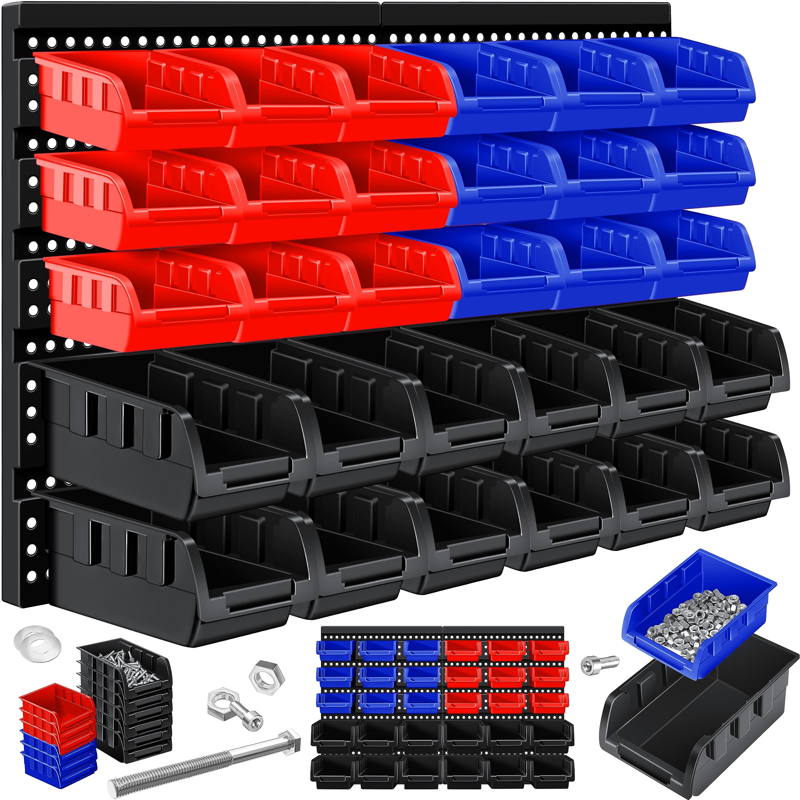 MASKO® Cajas Apilables, Estante de Pared, Cajas de Almacenamiento visibles, Estante Basculante, Estante Enchufable, 32 partes - Negro/Azul/Rojo