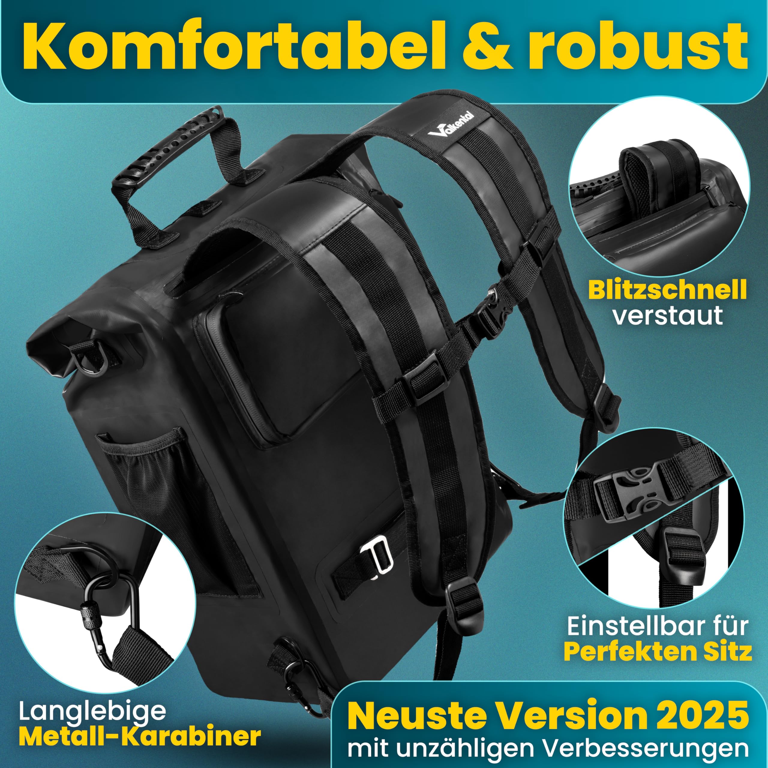 Valkental® 3in1 Fahrradtasche [Bis 25L] - Das Original - Geeignet als Gepäckträgertasche, Rucksack und Umhängetasche - 100% Wasserdicht & Reflektierend - Sichere Befestigung [Abschließbar] Laptopfach