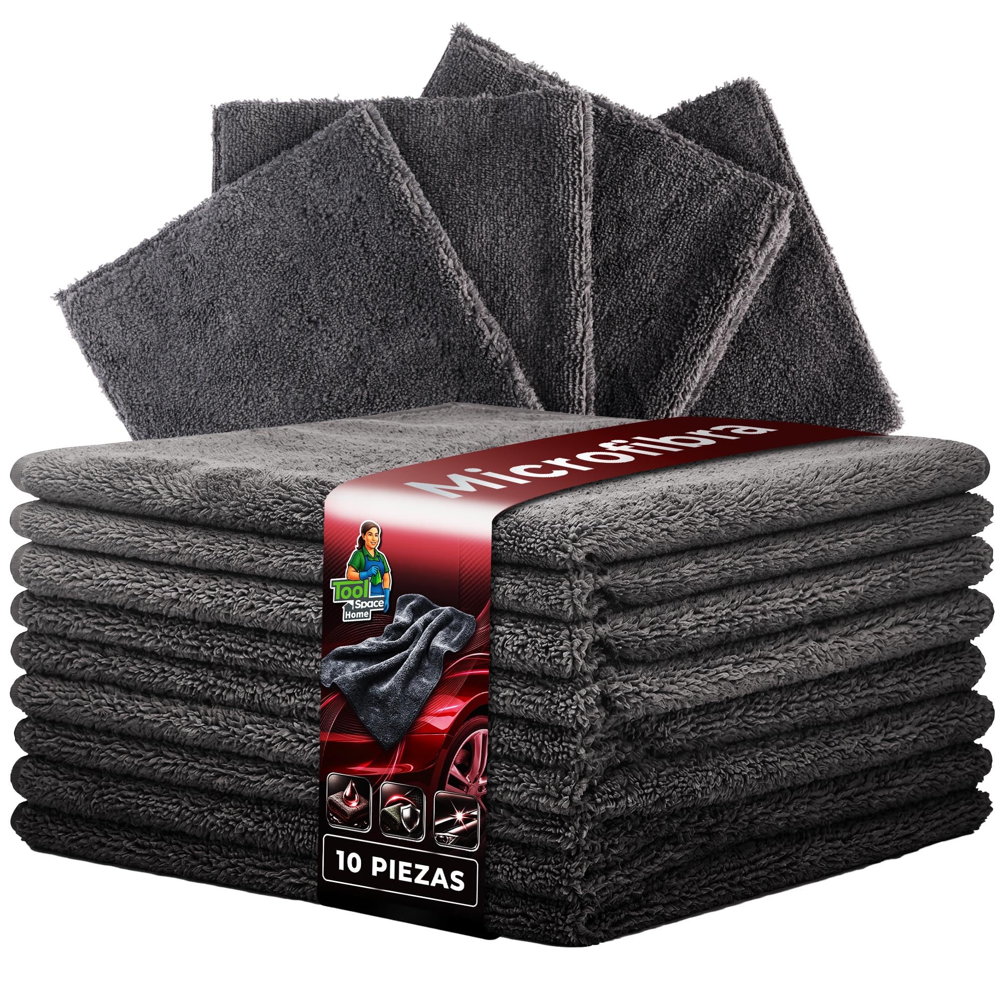 ToolSpace Paños Microfibra Detailing 40x40 cm 10 Unidades 320 gsm para Coche Pulido Pintura Cera Cristales Llantas Salpicadero Suaves Absorbentes Sin Rayas Cuidado Coche Auto Detailing
