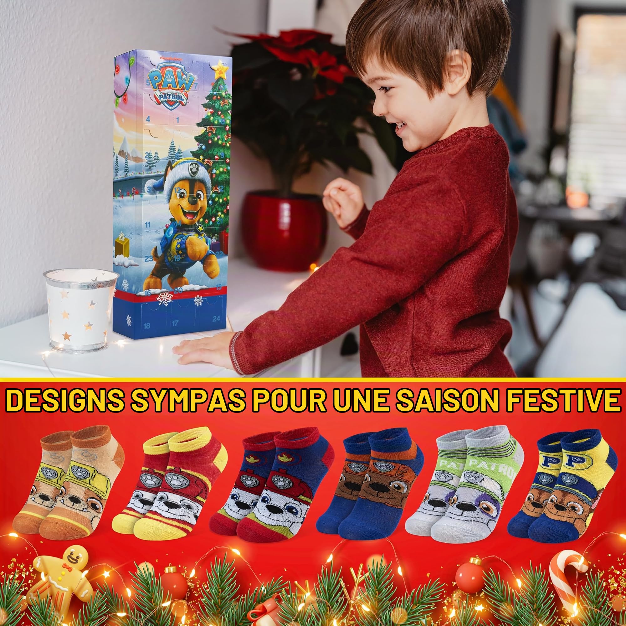 Get Trend Pat Patrouille Chase Calendrier de l'Avent 2026 à 24 Chaussettes | EU 27 à 31, Chaussettes Fantaisie, Doux et Respirant, Compte à Rebours avant Noël, Cadeau Enfants et Ados (Multi Chase)