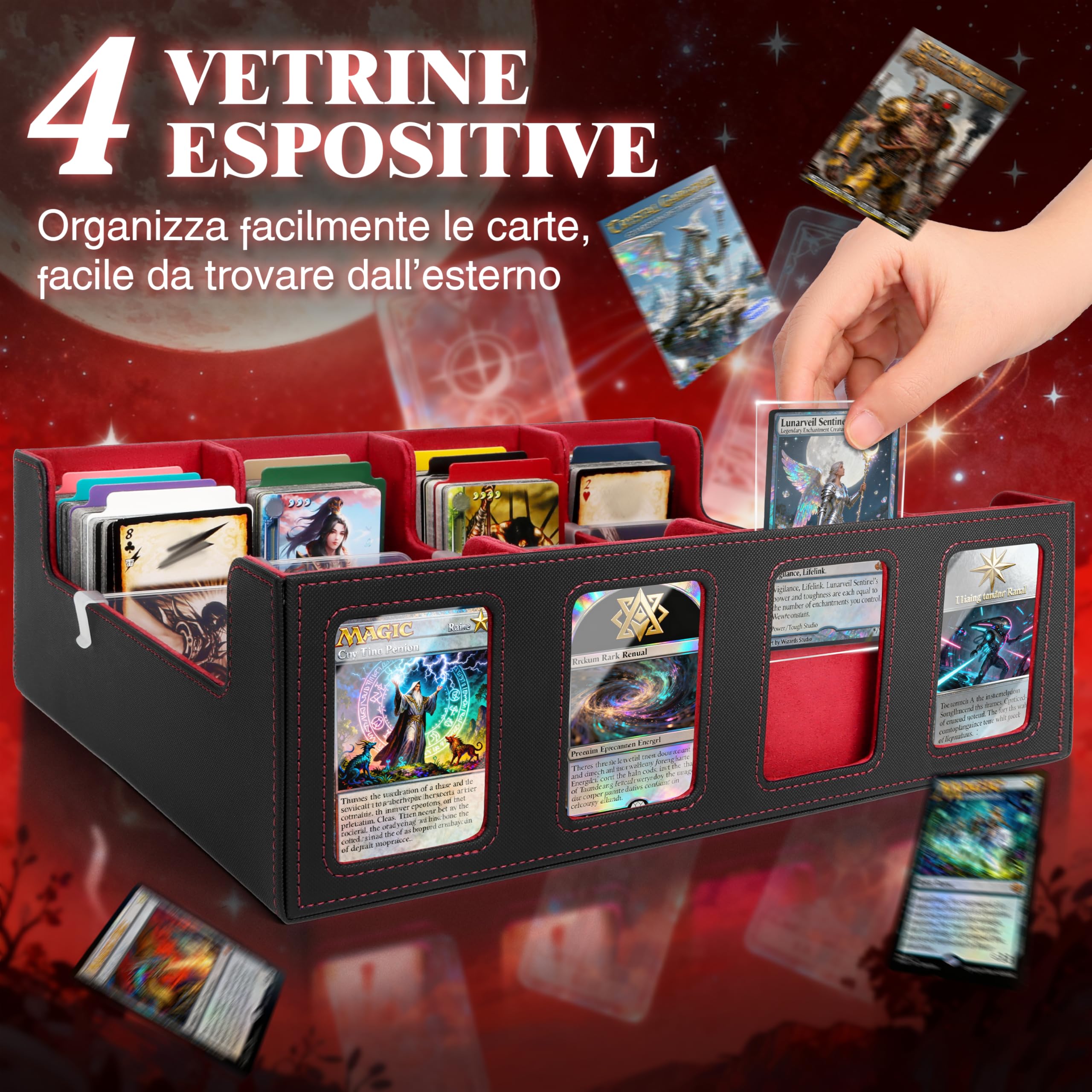 Charmofun Deck Box per Carte, Magnetic Scatola di Carte da Collezione per Oltre 2800+, Porta Deck con Pelle PU e Chiusura Magnetica, 10 Divisori per Carte, 4 Clip Divisorie (Rosso, 2400+)