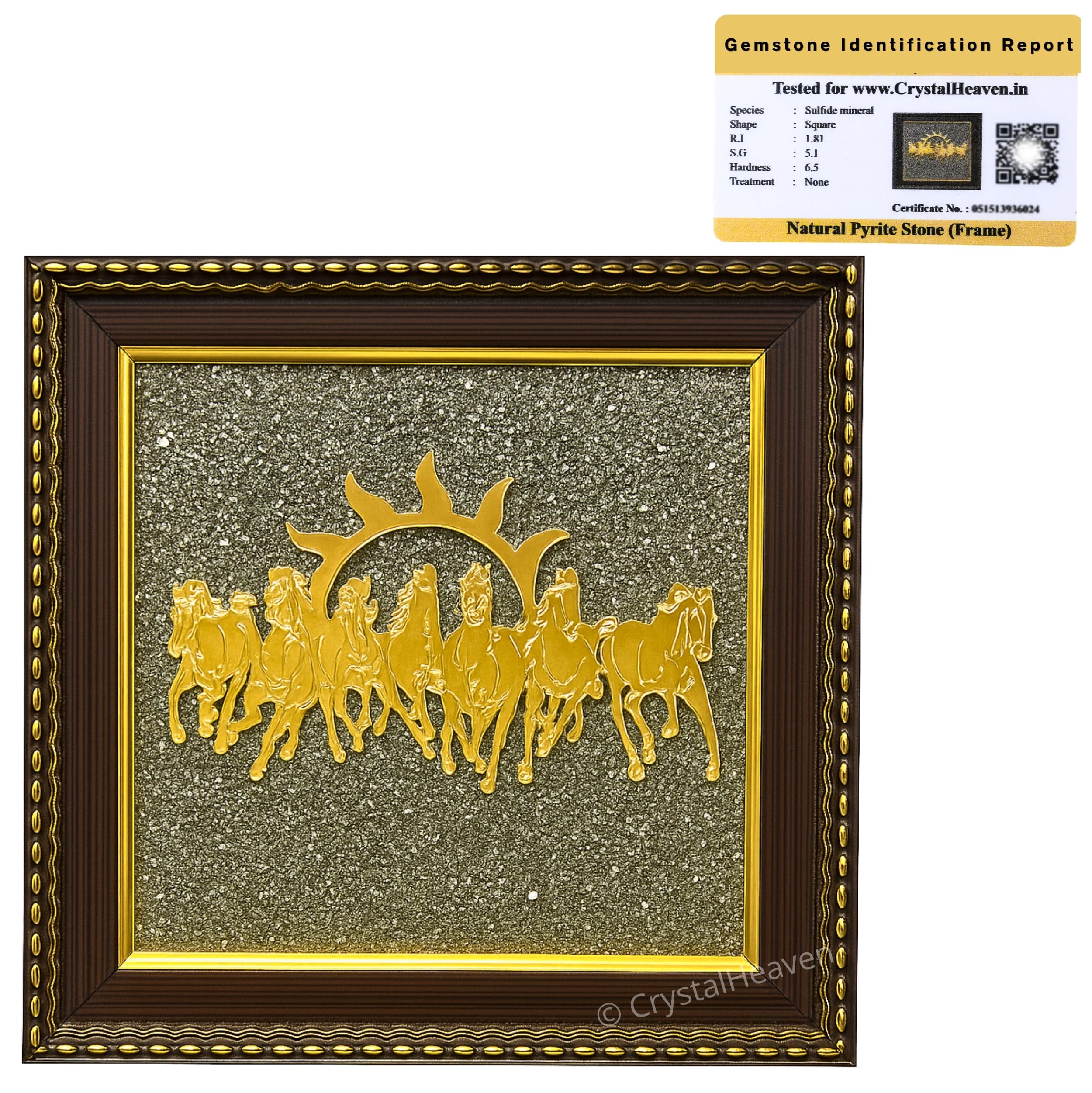 Pyrite Stone Frame with Vastu Seven Running Horses with Sun to Attract Money, Protection and Chakra Healing - Wooden Photo Frame Wall Decor Items for Living Room with Original Pyrite Dust for Money Success