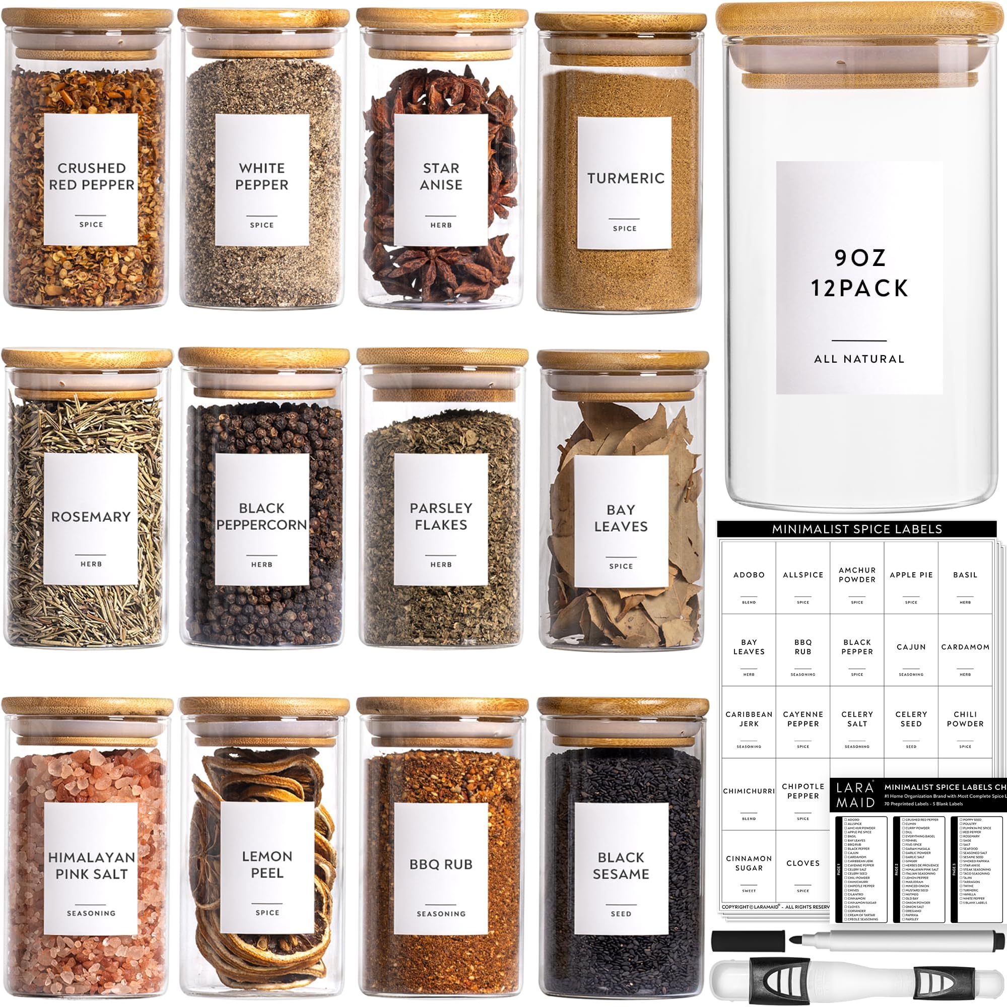 Laramaid 9oz 12Pack Spice Jars with Minimalist Spice Labels, Round Jars with Bamboo Lids, Premium Labels, Adjustable Measuring Spoon and Black Pen, Storage Container Canisters