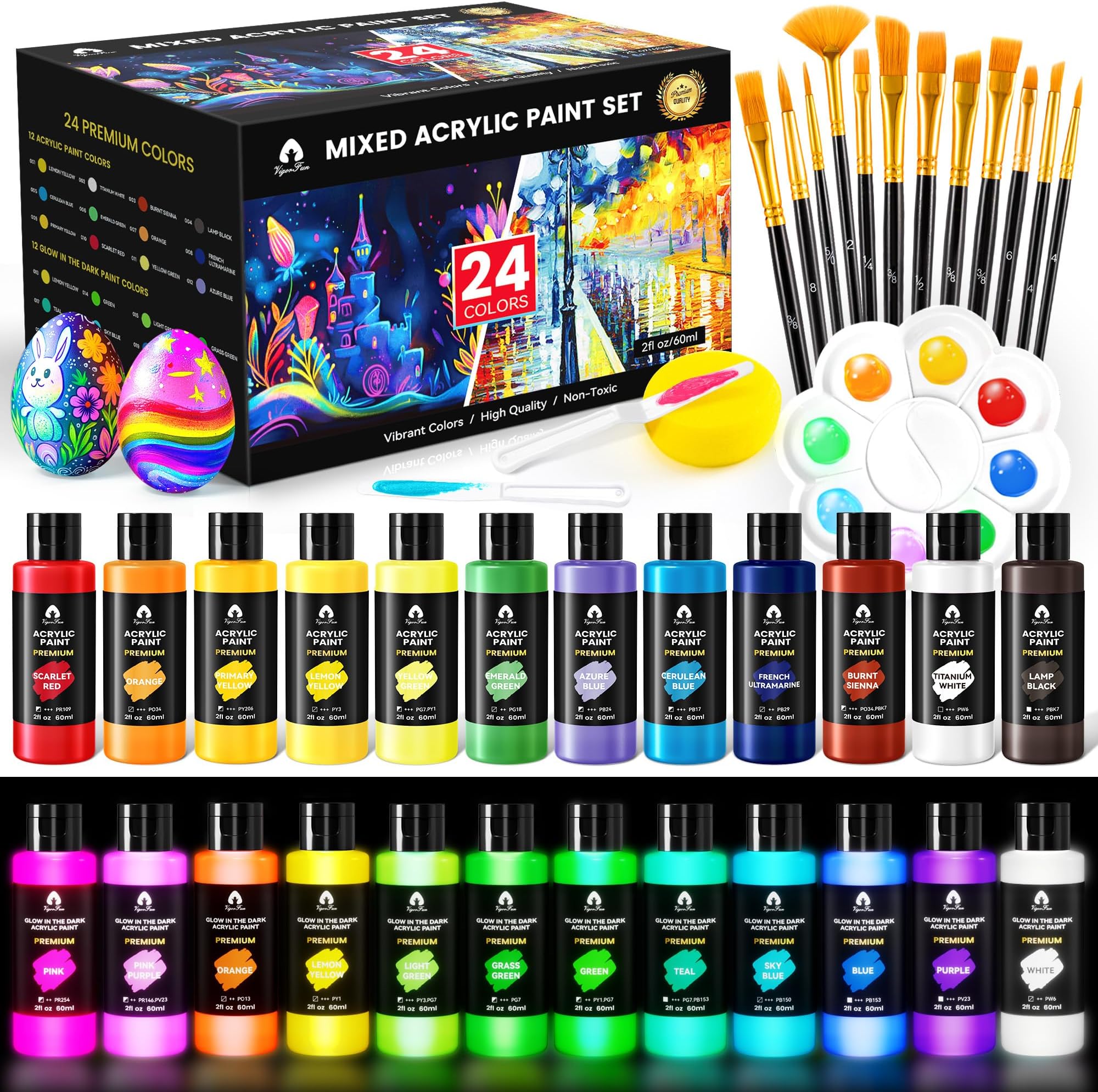 40 Pcs Classic & Glow in the Dark Acrylic Paint Set with 12 Brushes, 2 Knives & Palette, 24 Colors (2oz/60ml) - for Adults, Kids, Artists & Beginners - Canvas Ceramic Rock Wood Egg Painting Kit
