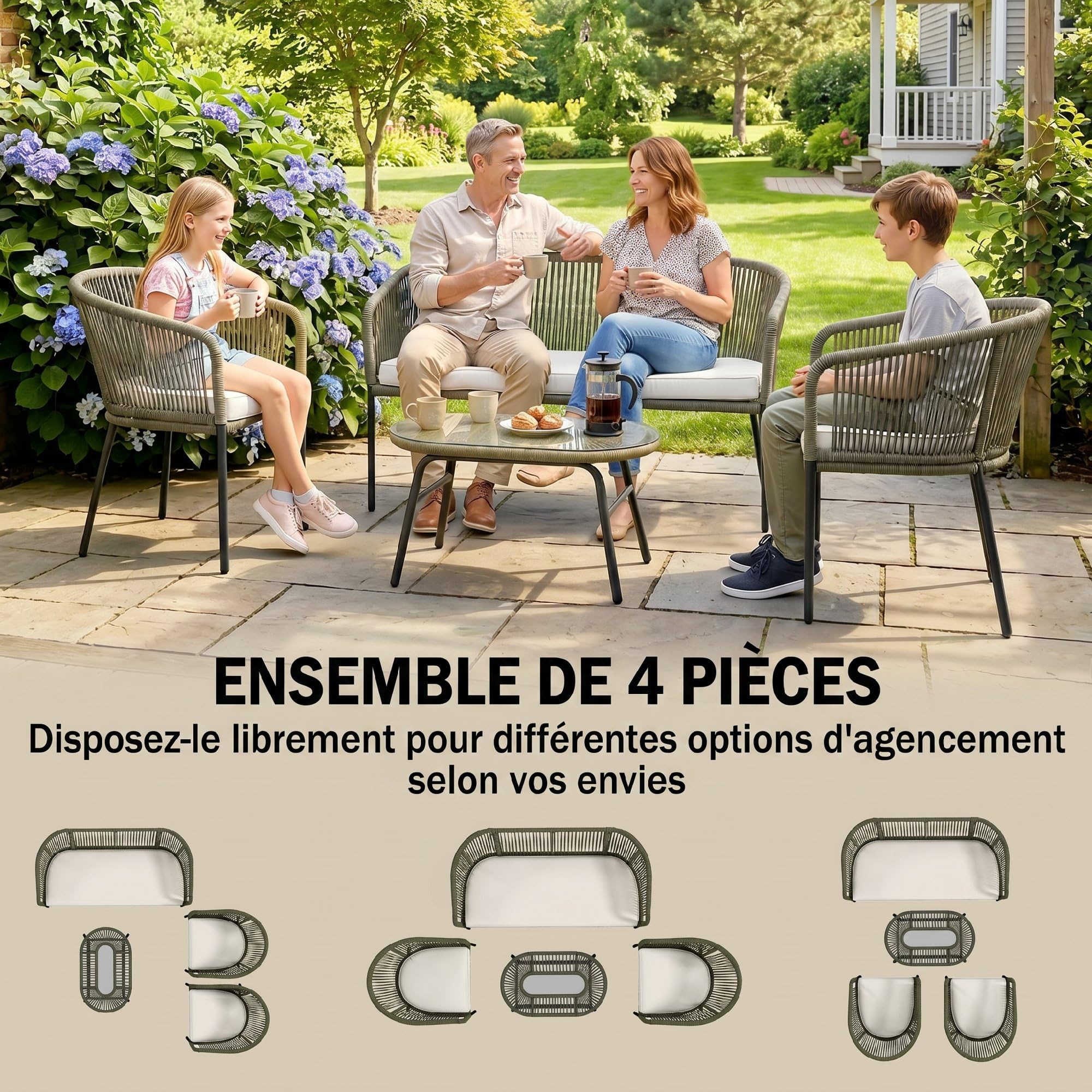 Outsunny Salon de Jardin Extérieur 4 Places PP Rond Tressé Balcon Crème | Canapé 2 Places, 2 Fauteuils, Table Basse Verre Trempé, Mobilier de Jardin Terrasse, Coussins Déhoussables