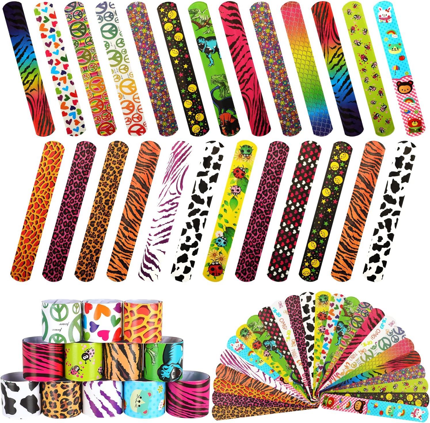100 Pcs Slap Bracelets Party Favor Retro Slap Wristbands Colorful Hearts Flowers Design Perfect for Kids Adults Birthday Party Halloween Easter Favors