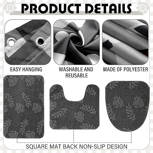 Miniatura 5 de Layhit Juego de 4 cortinas de ducha de Navidad con alfombra antideslizante, cubierta para tapa de inodoro y tapete de baño, cortina de ducha de