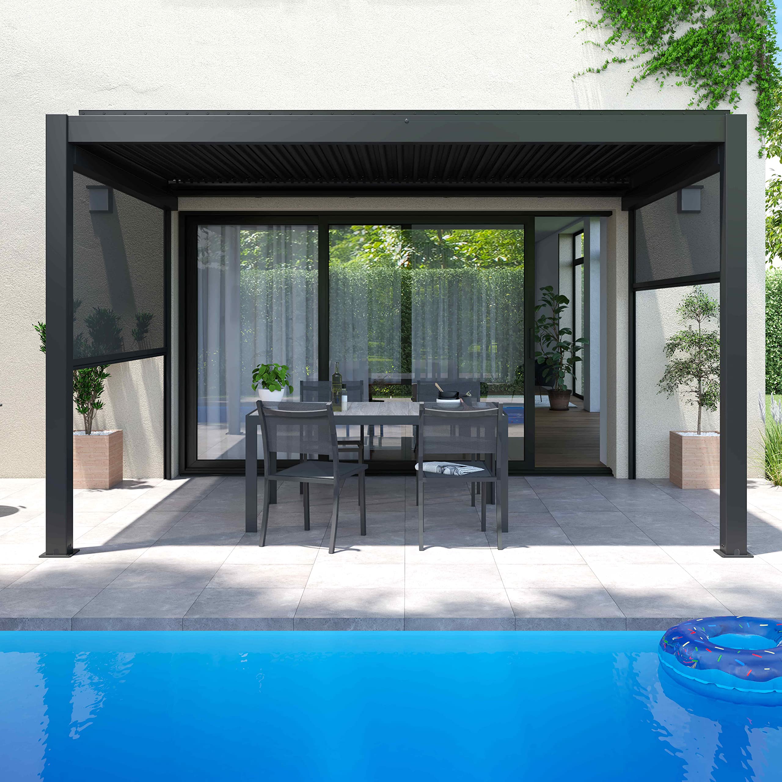 Oviala Pergola bioclimatique adossée Grise 3x4m et 2 Stores
