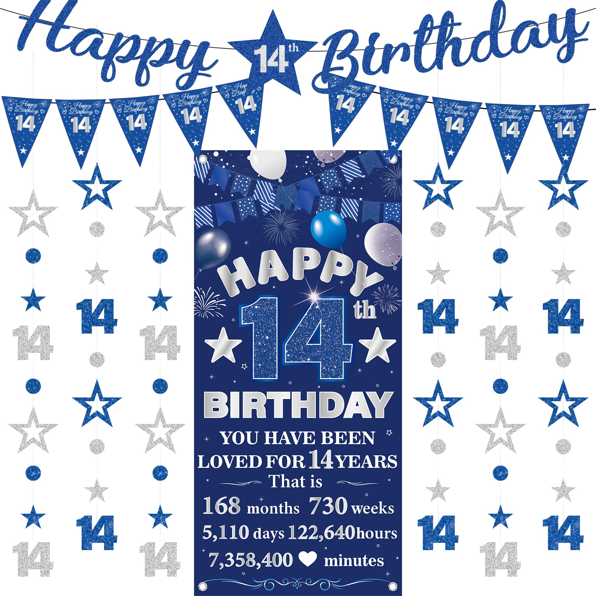 14th Birthday Decorations Banner Boys - 9 Pcs Blue Silver Bannes Backdrop Number Star Dot Glitter Hanging Garlands Kit for Boys And Girls Happy 14 Years Old Birthday Party Decor Supplies