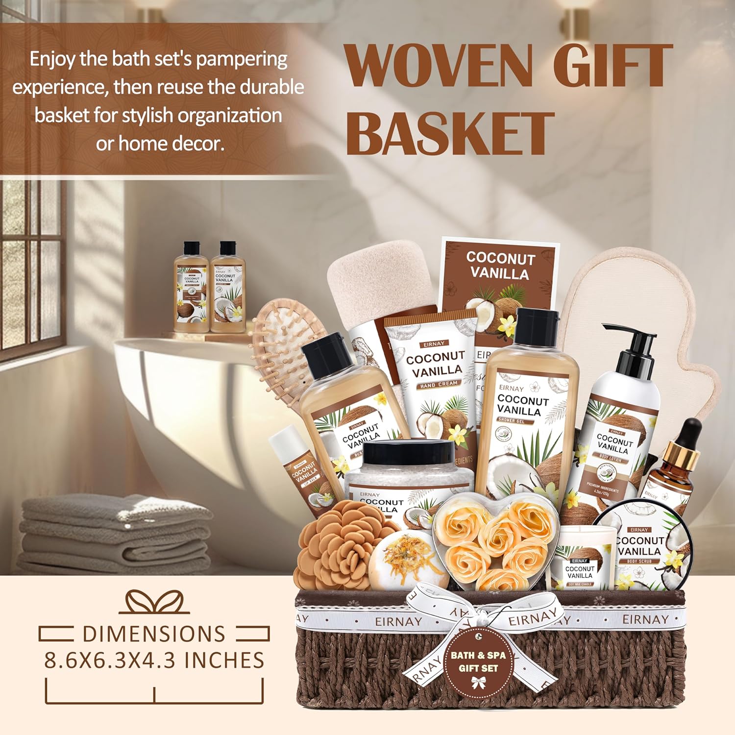 Christmas Gifts For Women - 16 PCS Birthday Gift Basket for Women Set of Coconut Vanilla Self Pampering Set, Includes Luxurious Home Spa Shower Gel Bubble Bath - Image 8