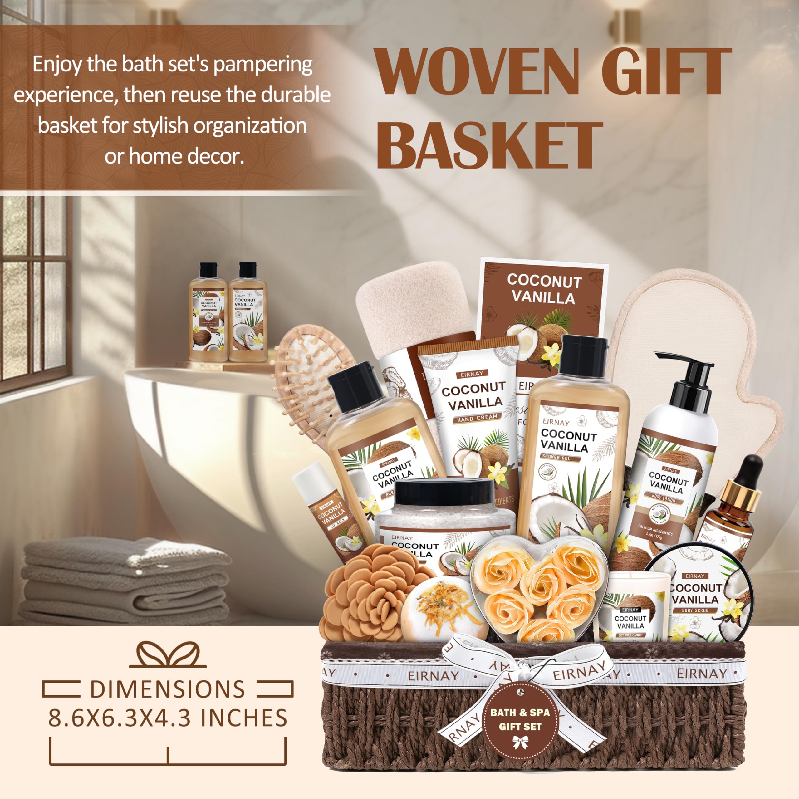 Mothers Day Gifts For Women - 16 PCS Birthday Gift Basket for Women Set of Coconut Vanilla Self Pampering Set, Includes Luxurious Home Spa Shower Gel Bubble Bath