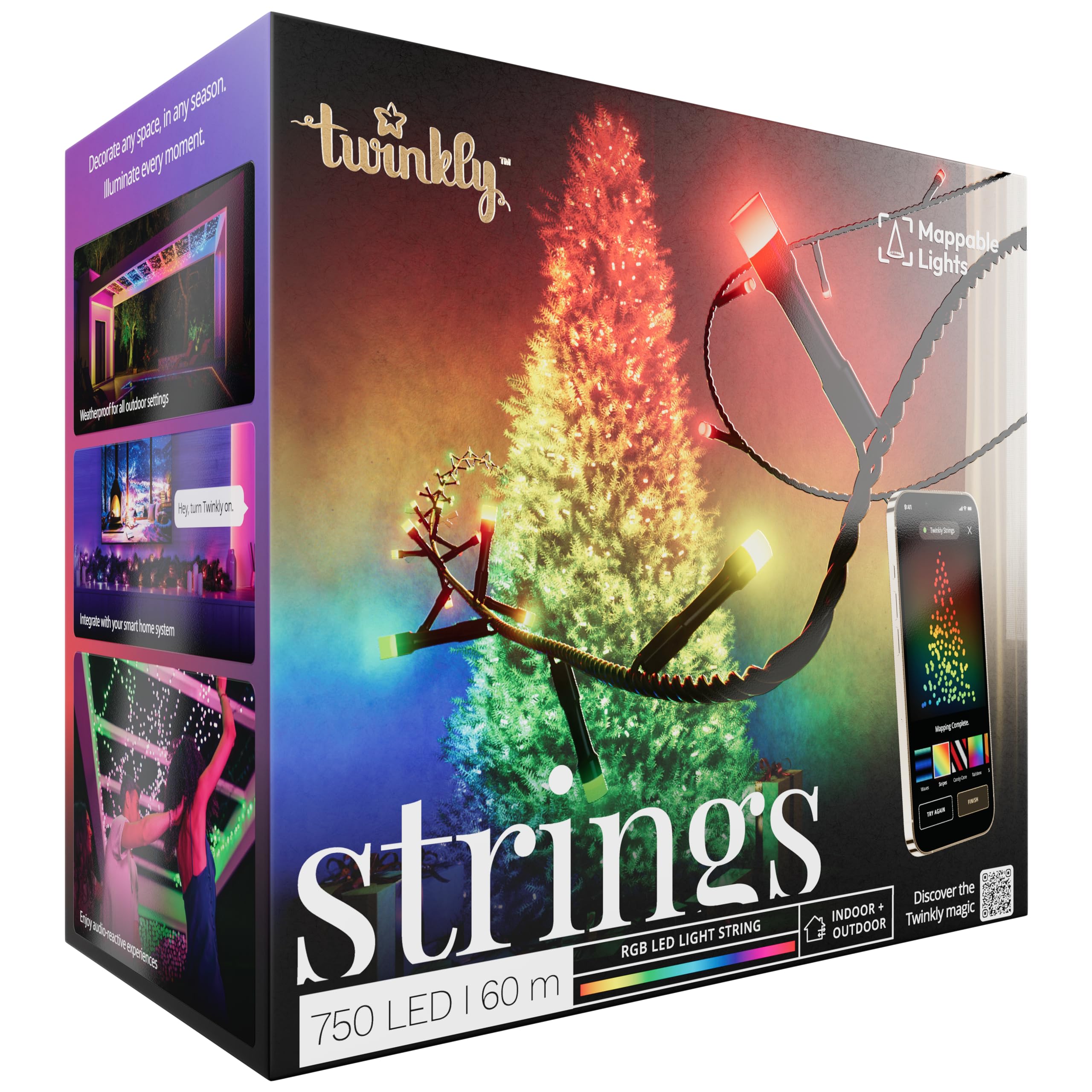 Twinkly Strings 750 RGB LED, do użytku wewnątrz i na zewnątrz, inteligentne światła LED, kompatybilne z Alexa i Google Home, IP44, dekoracja bożonarodzeniowa, sterowanie aplikacją, czarny kabel, 60 m