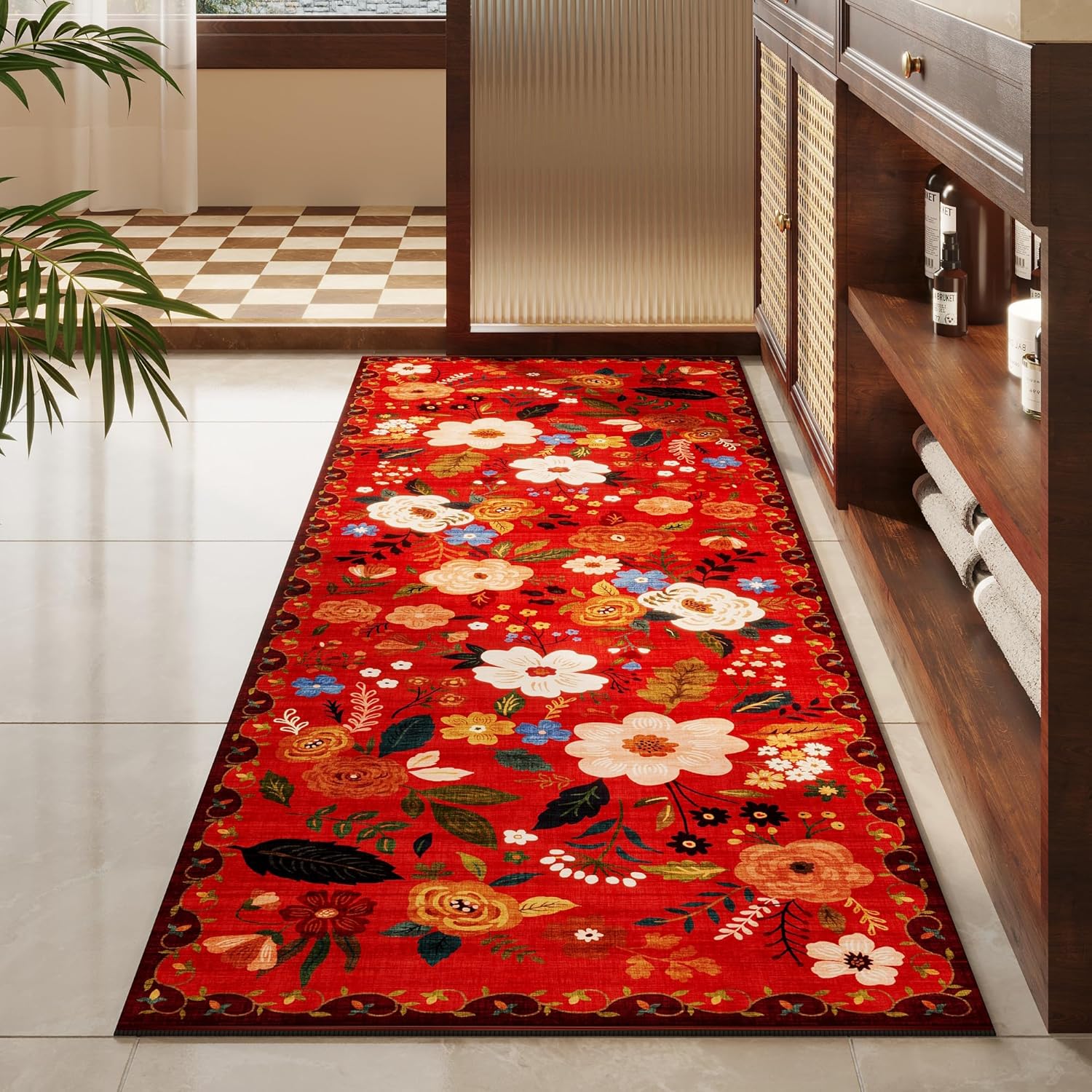 Rugcomf Runner Rug for Hallways Kitchen Rug Non Slip 2'6''x8' Washable Runner Rugs with Rubber Backing Soft Floral Carpet Runner for Hallways, Kitchen, Laundry, Bedroom, Bathroom(Red) - Image 7